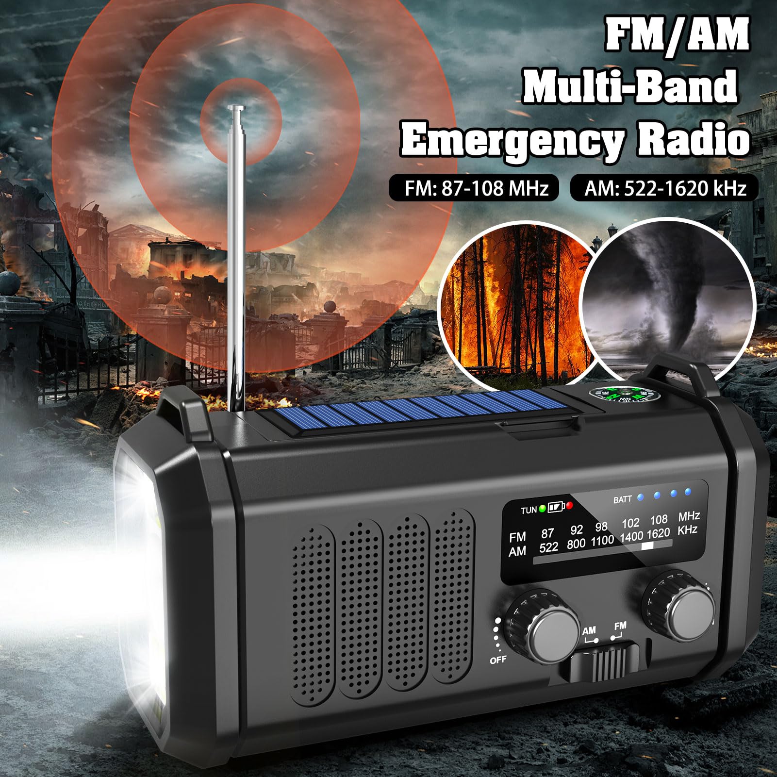 Wind Up Radio, Solar & Hand Crank Emergency Radio with 10,000mAh Power Bank, AM/FM Portable Radio, LED Torch, Reading Lamp, SOS Alarm & 5V USB Output for Outdoor, Camping, Hiking - 2