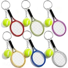 6Pcs Mini Tennis Racket Keychain Key Ring, Fashionable Alloy Tennis Ball Split Ring for Sport Lovers Team6 Colors