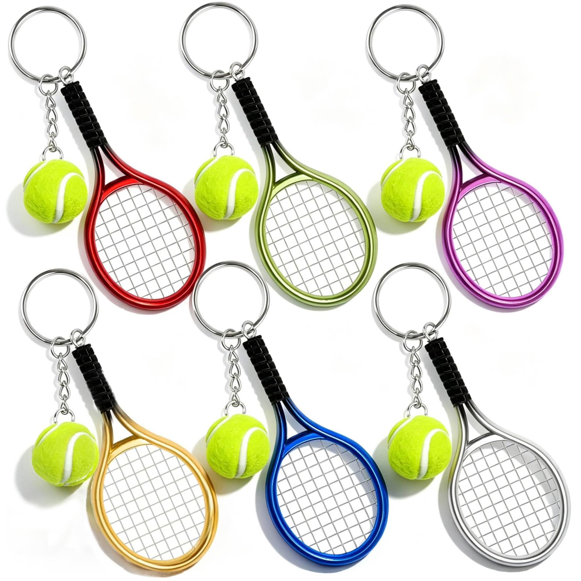 6Pcs Mini Tennis Racket Keychain Key Ring, Fashionable Alloy Tennis Ball Split Ring for Sport Lovers Team(6 Colors)