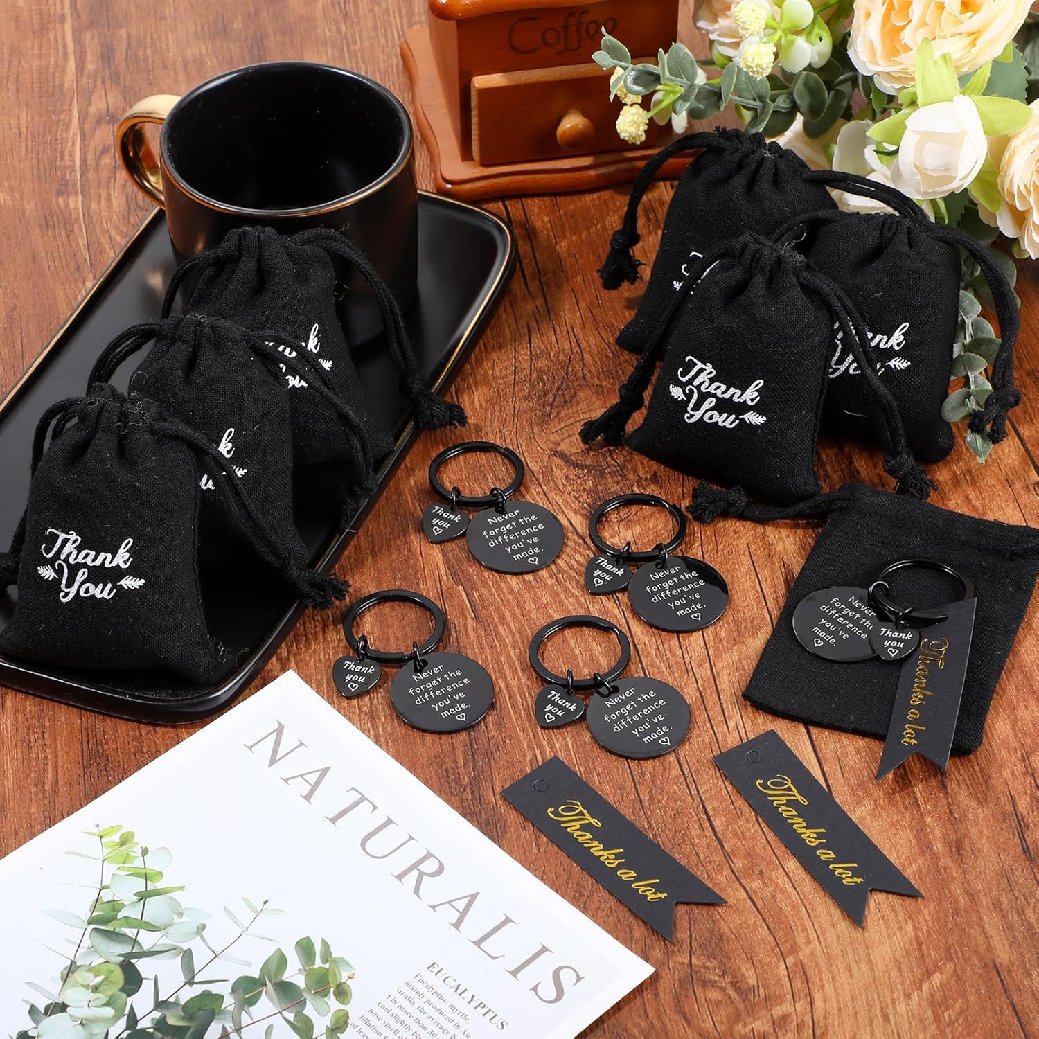 Huquary 72 Pcs Employee Appreciation Gifts Bulk for Coworker 2025 Thank You Gifts Keychain with Drawstring Bag and Card