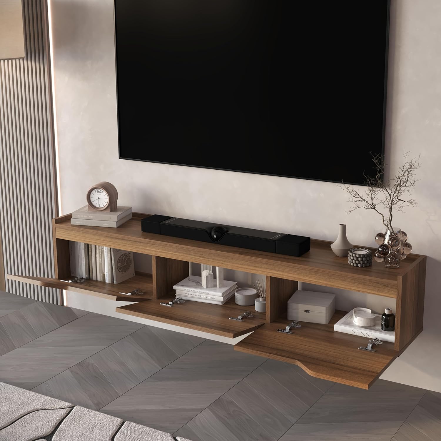 Atelier Mobili Floating TV Stand for 75 Inch TVs, Modern Entertainment Center with Cable Management,Elegant TV Stands for Living Room, Stylish Modern TV Stands (Walnut) - Image 6