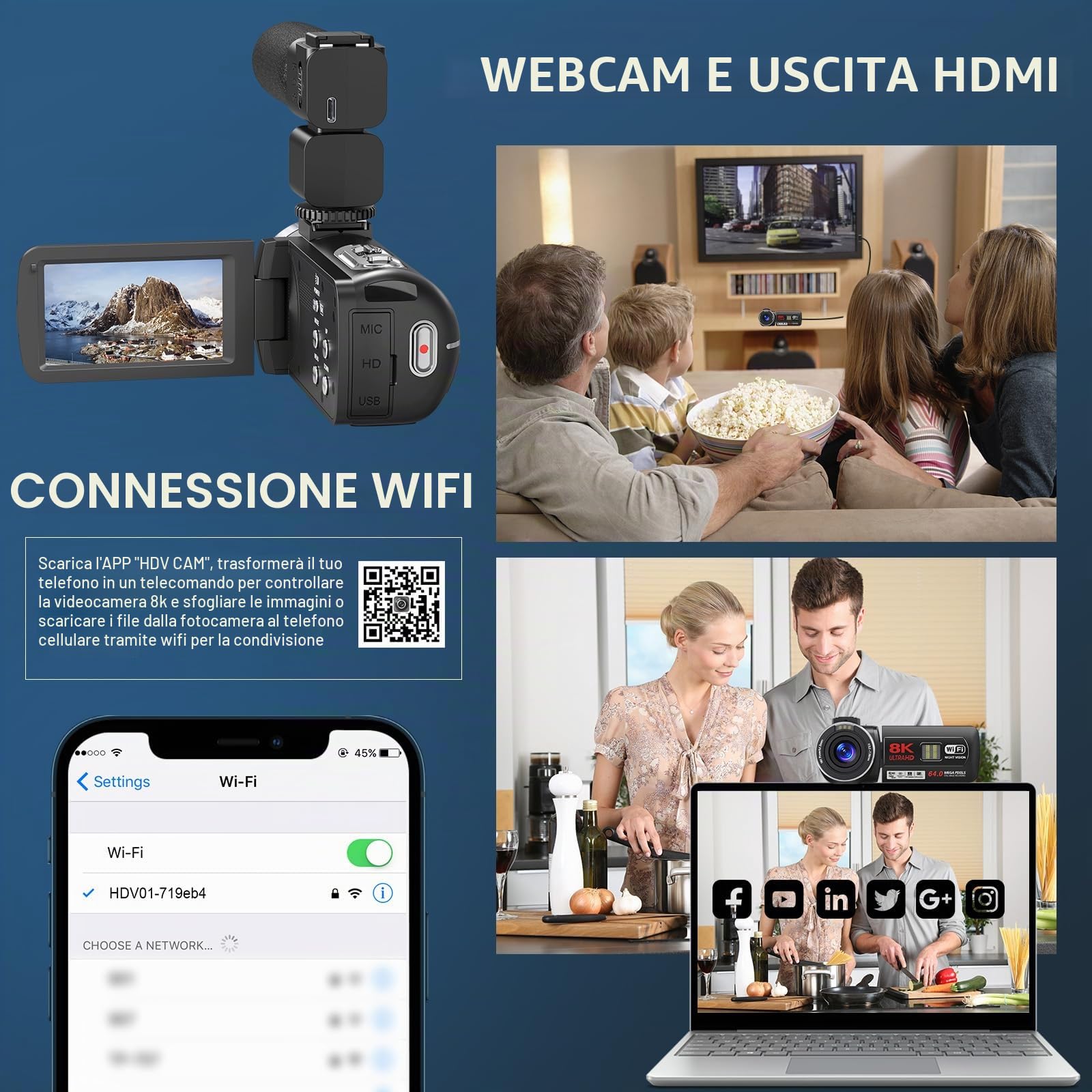 Videocamera, 8 K, 64 MP, 18 X, zoom digitale, infrarossi, visione notturna, 3,0 pollici, UHD touch screen WiFi, per YouTube con scheda SD, telecomando da 2,4 G e 2 batterie
