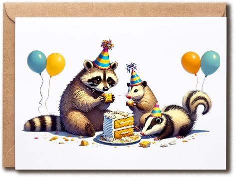 Raccoon Eating Birthday Cake Card - Possum And Skunk Card - Funny Animals - Blank Inside - Birthday Greeting - Happy - Her - Him