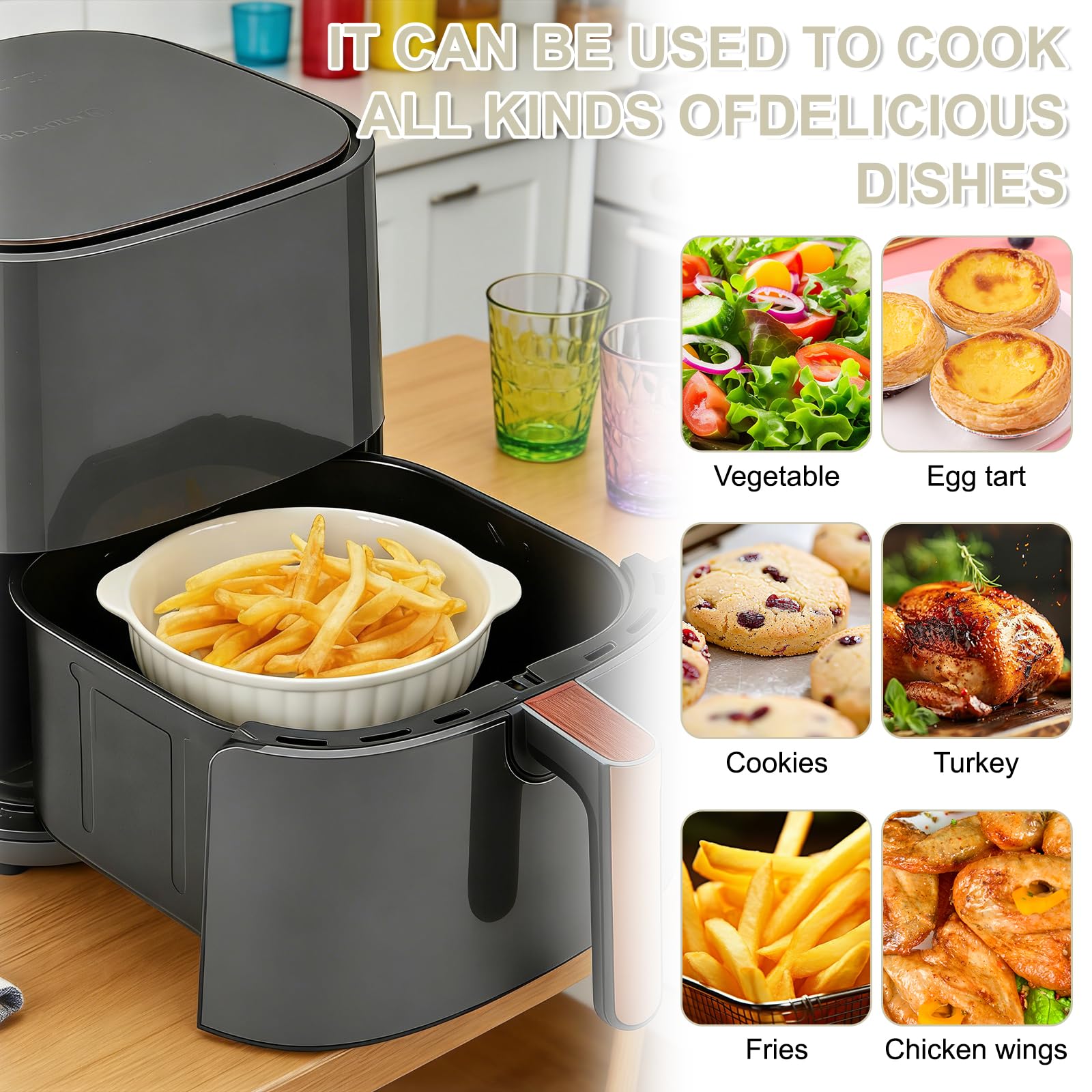 Cazuela de cerámica de 700 ml, 7,5 pulgadas, de cerámica, redondos, con asas, para lasaña, carne, verduras, para freidora de aire caliente, horno, microondas, color blanco
