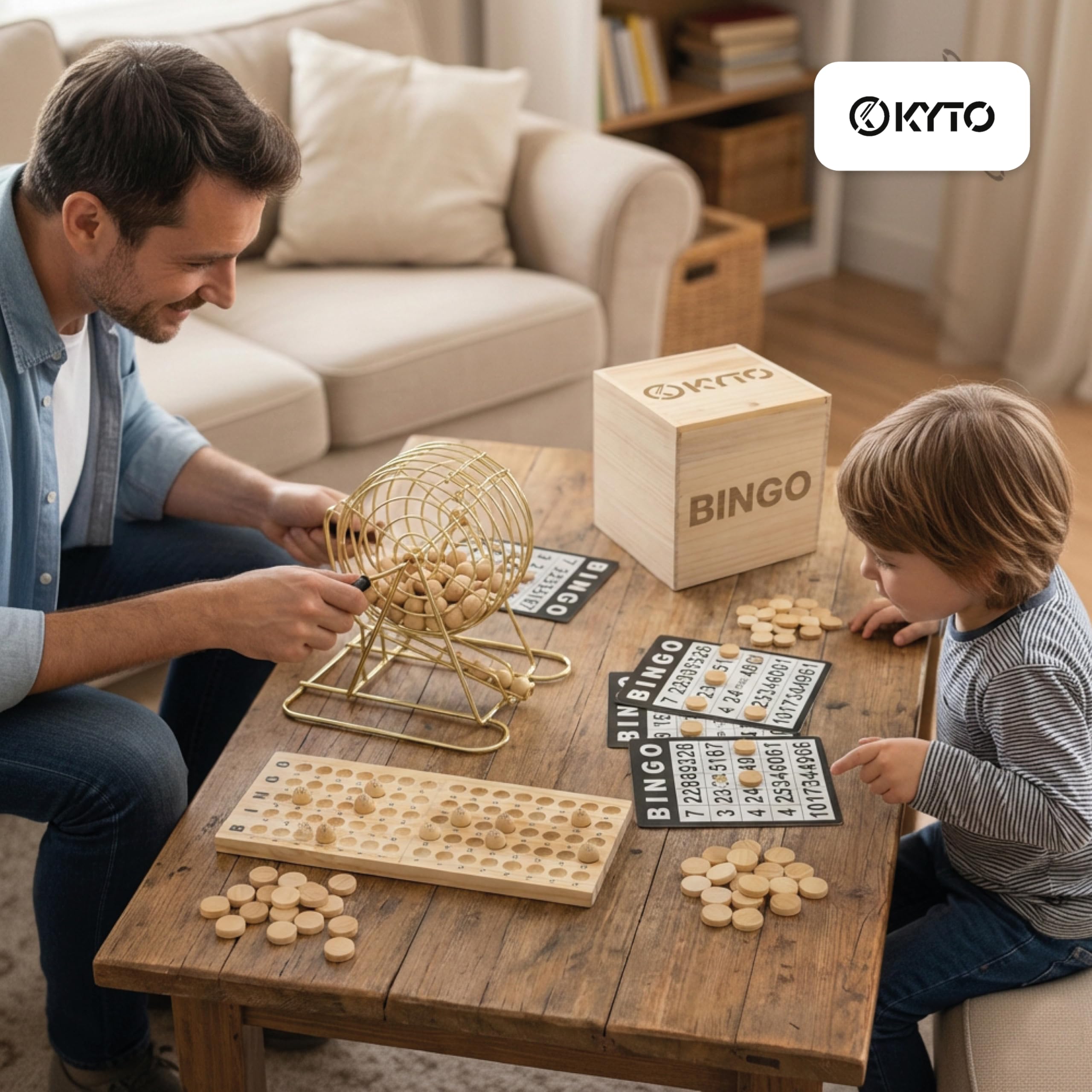 Kyto Bingo Spiel Deluxe Set – Gold Metall Trommel & Holzbox – 75 Kugeln, 150 Chips, 18 Wiederverwendbare Bingokarten + 500 Stift-Karten – Gesellschaftsspiel für Familie, Party & Senioren