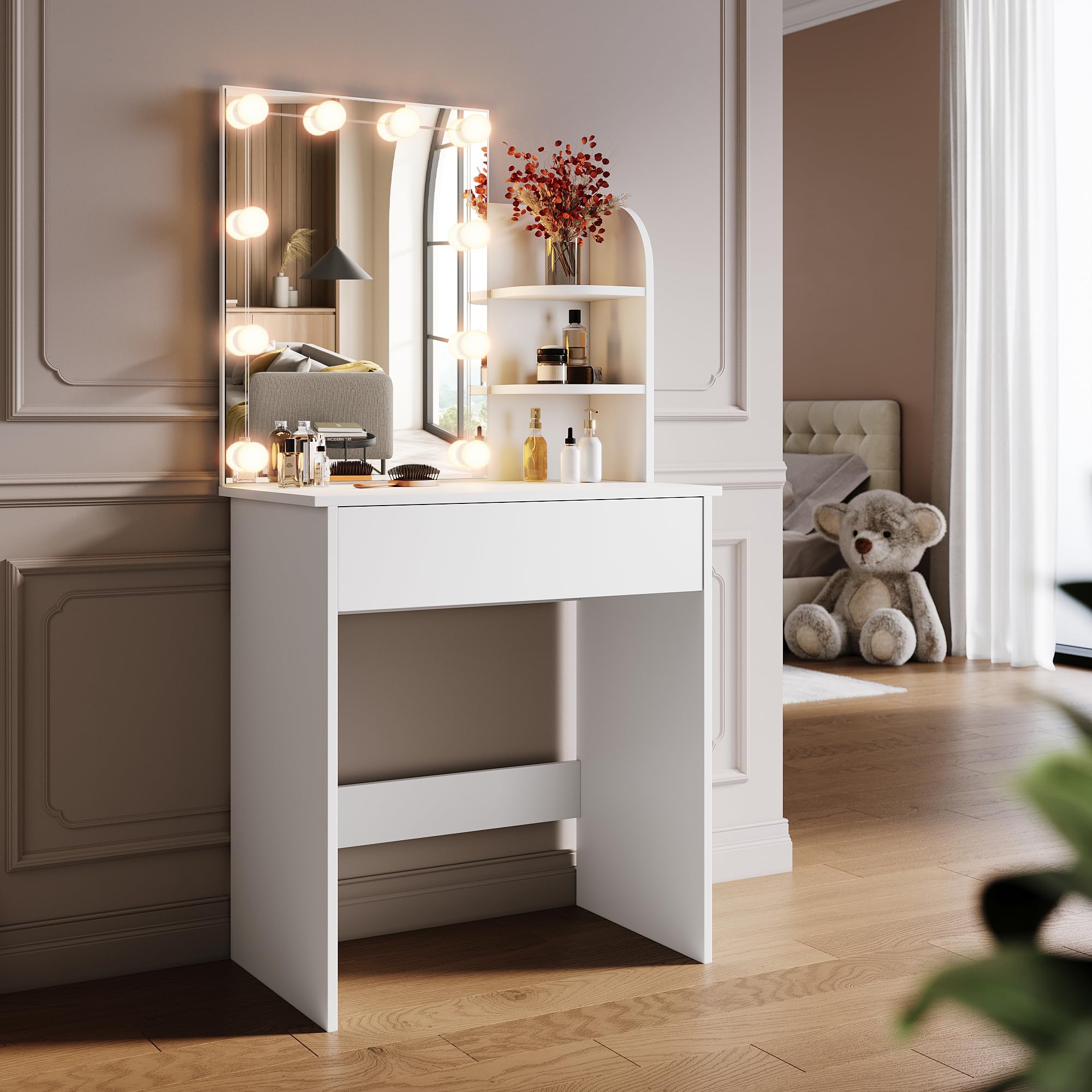 ELEGANT White Dressing Table with Hollywood LED Lights Mirror, Vanity Table with 1 Large Drawer & 2 Shelves, Large Storage Makeup Table for Women Girls Bedroom — image 1