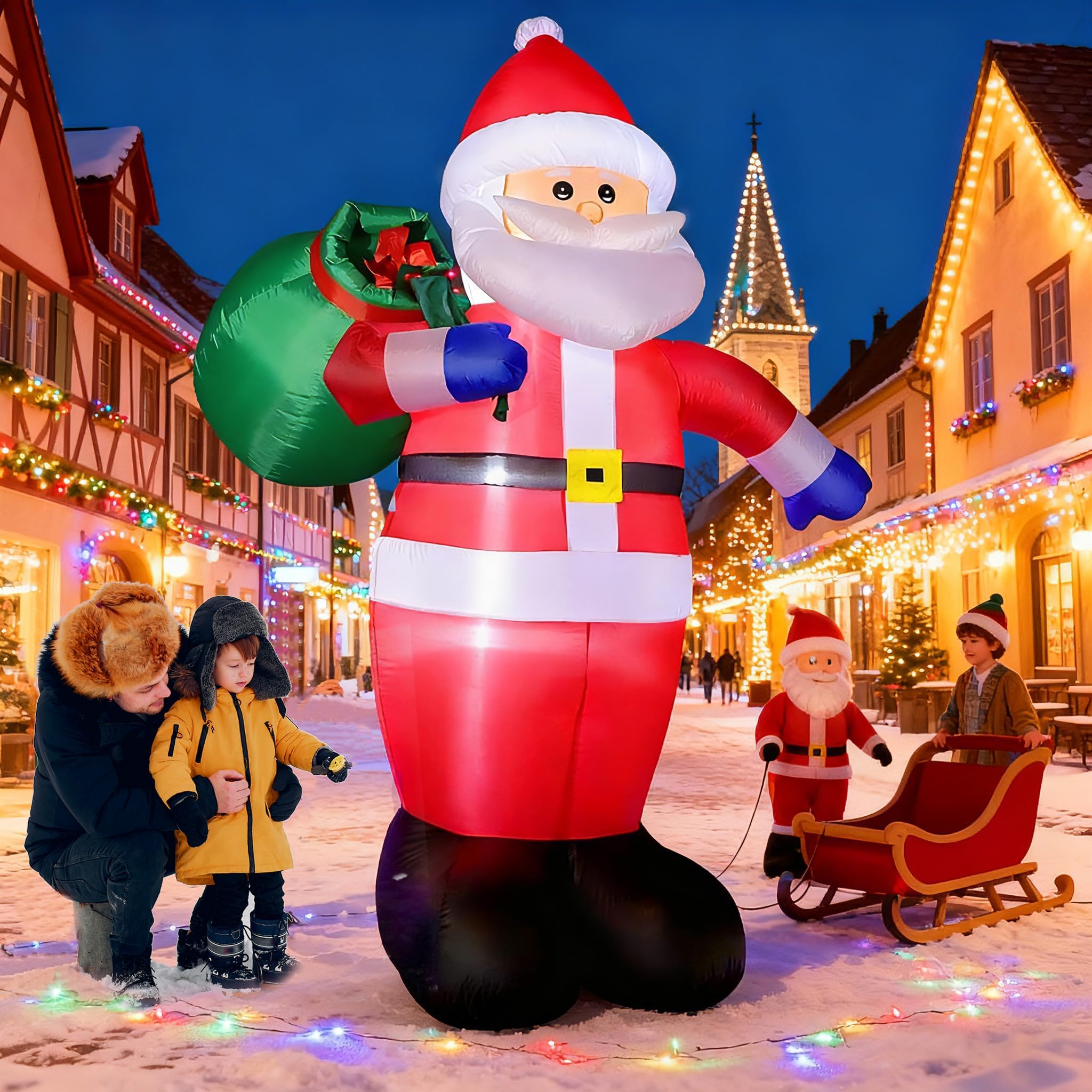Nadmuchiwany Święty Mikołaj 240 cm z oświetleniem LED, wodoszczelność IP44, ogromna dekoracja bożonarodzeniowa do ogrodu, na podwórko i taras, łatwa w montażu, świąteczne oświetlenie zewnętrzne na
