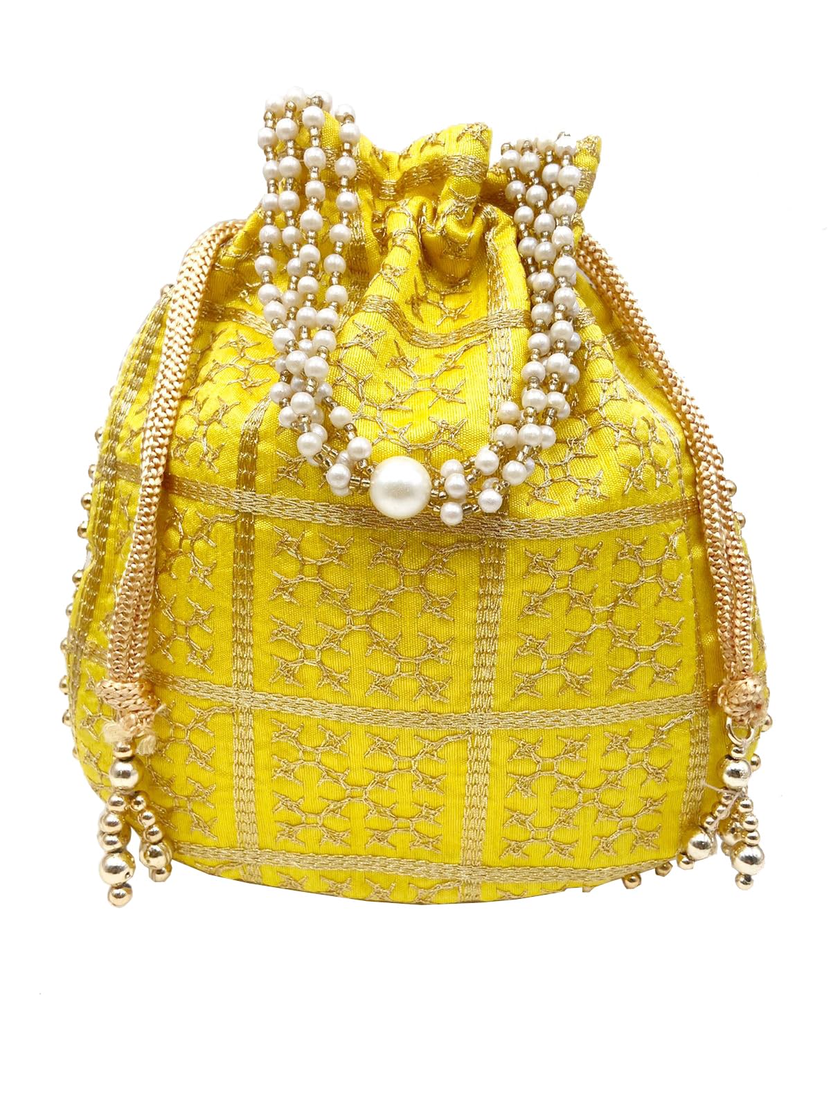 BYRA Women Designer Embroidered Potli Bag with Pearl Handle (Yellow) (B0CWPDS6JJ) Amazon Price History, Amazon Price Tracker