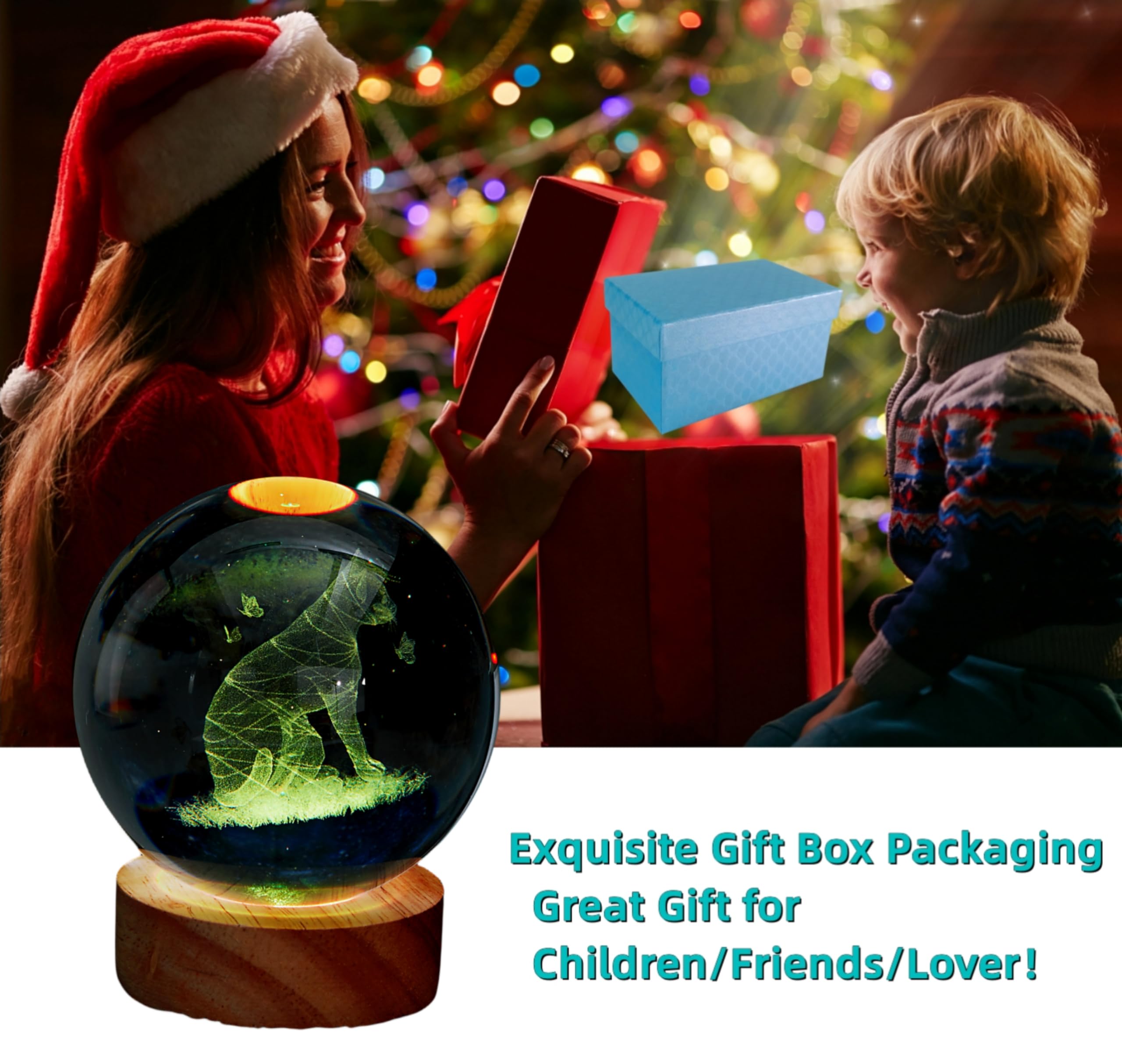 Katzen-Kristallkugel-Nachtlicht, 8,9 cm, 3D-Katzen-Kristalllampe mit LED-Holzsockel, 16 Farbwechsel mit Fernbedienung, Geschenk-Box-Verpackung, Geschenkideen für Freunde (Katze)