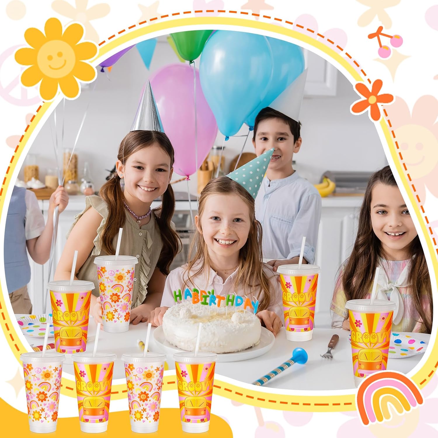 Uiifan 12 Pcs Groovy Plastic Cups Groovy Party Decorations Plastic Tumbler with Lid and Straw 24oz Reusable Boho Retro Hippie Cups for Hippie Birthday Party Wedding Decorations - Image 6