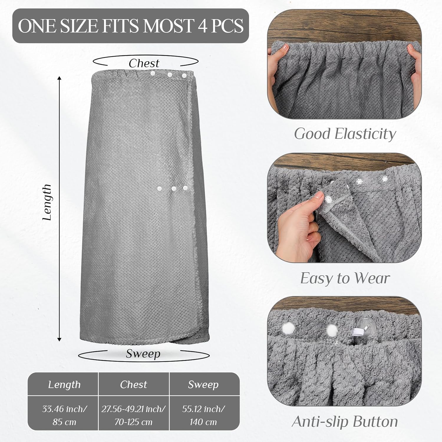 Tigeen 4 Pcs Spa Wrap Towel Wrap for Women Spa Robe with Adjustable Closure Elastic Top Lightweight Wraps for Bath Shower(M,Gray) - Image 2
