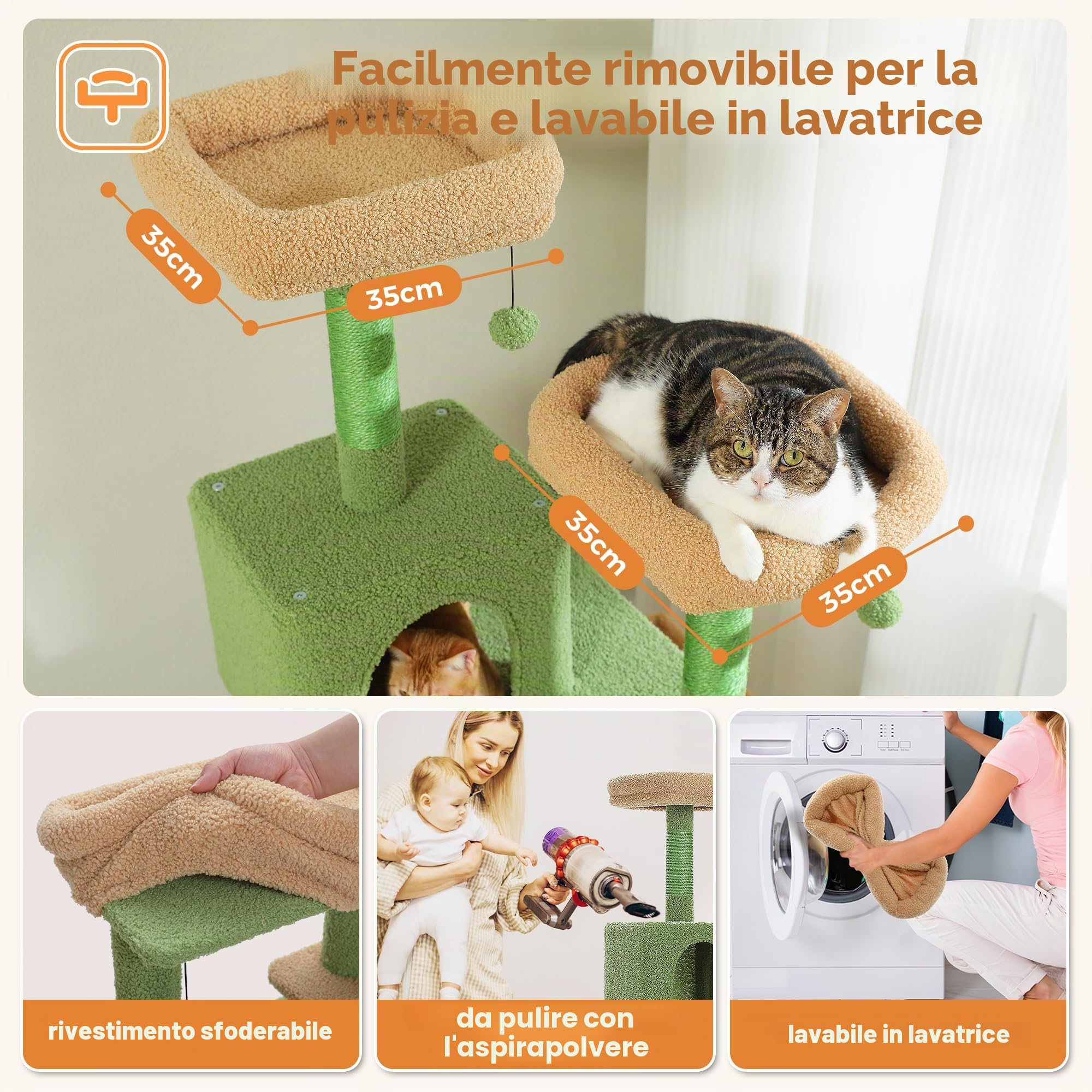 PETEPELA Albero tiragraffi cactus grande, multi-livello, per gatti di grandi dimensioni, con 6 colonna in sisal, 2 tavole, 2 piattaforme, 1 amaca, 2 palline da gioco, verde