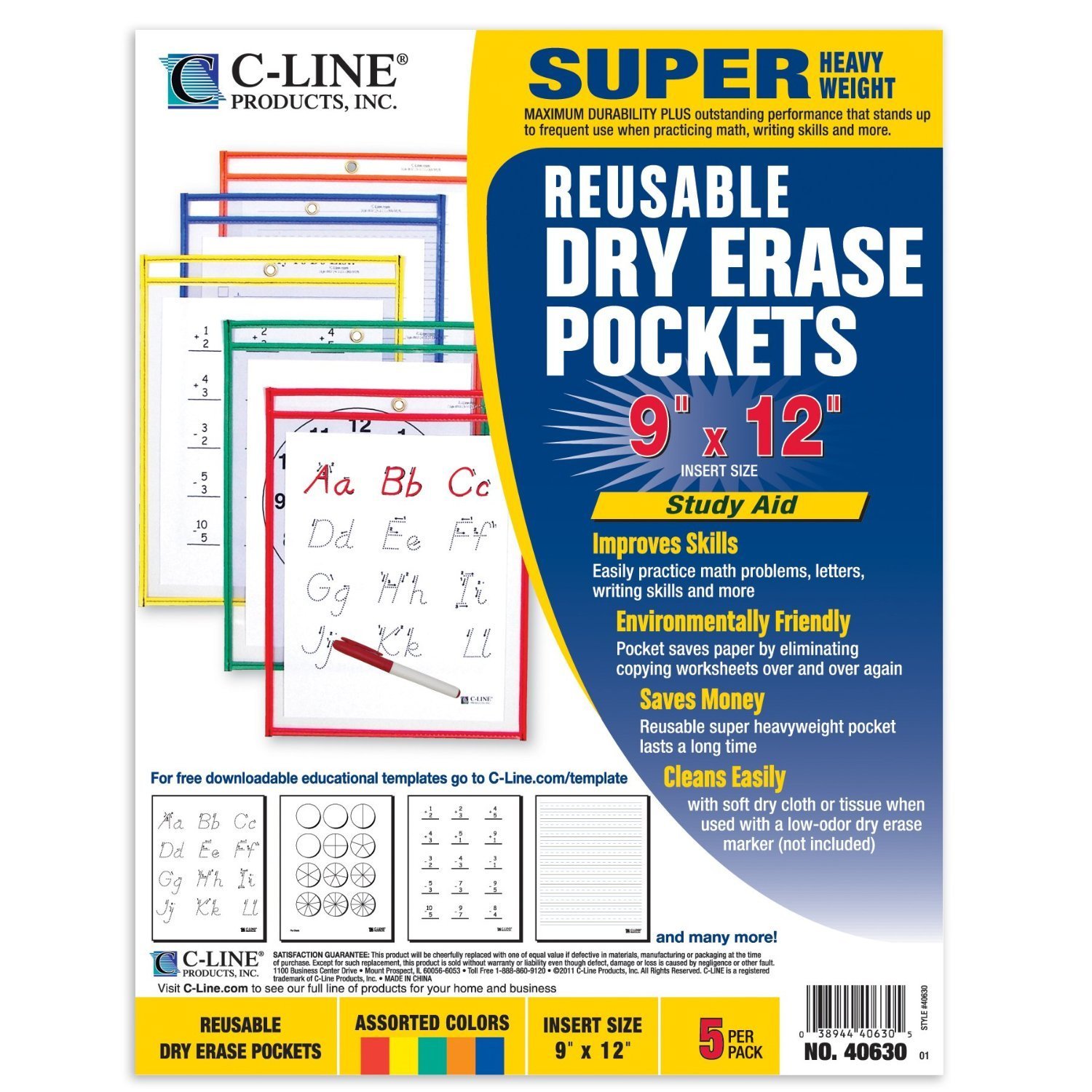Reusable Dry Erase Pockets, 9 x 12, Assorted Primary Colors, 5 Pockets (Set of 6)