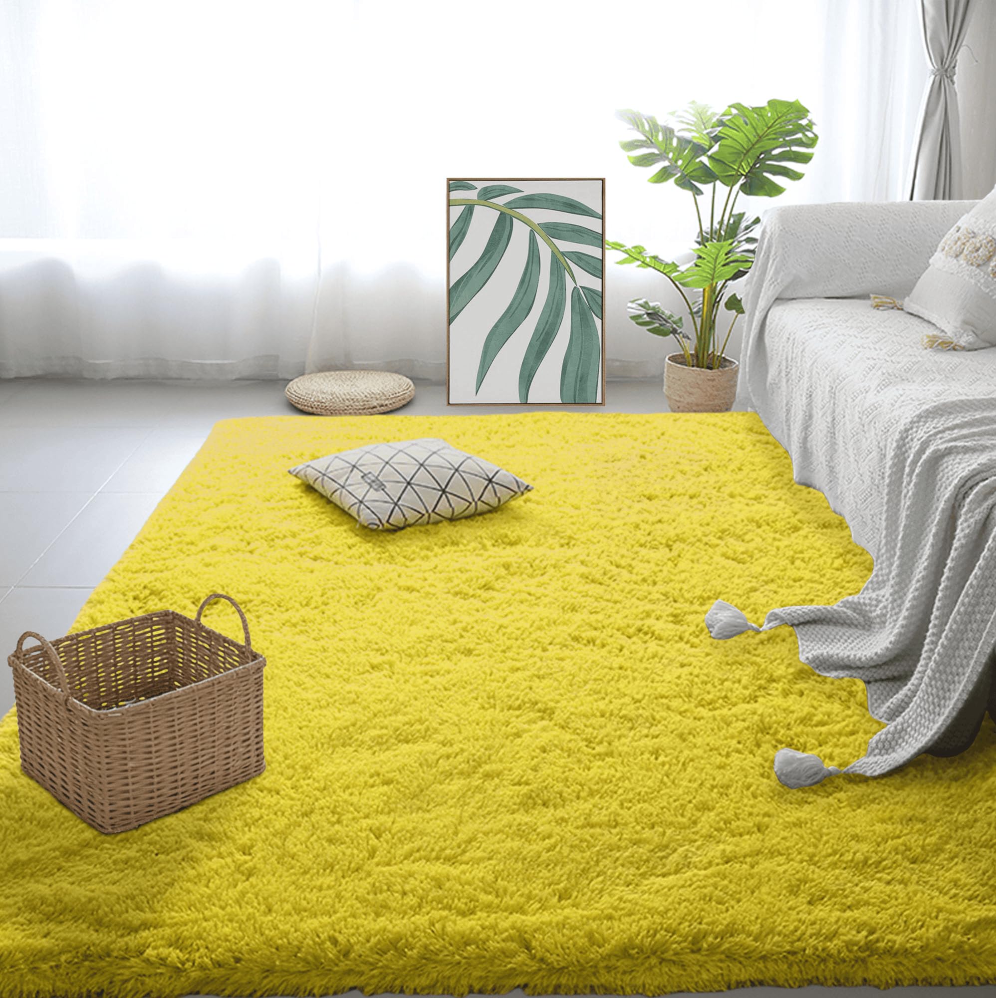 Tapis Salon 130 x 170 cm Moelleux Tapis Moelleux de Salon Lavable, Moderne pour La Décoration de La Maison, Jaune