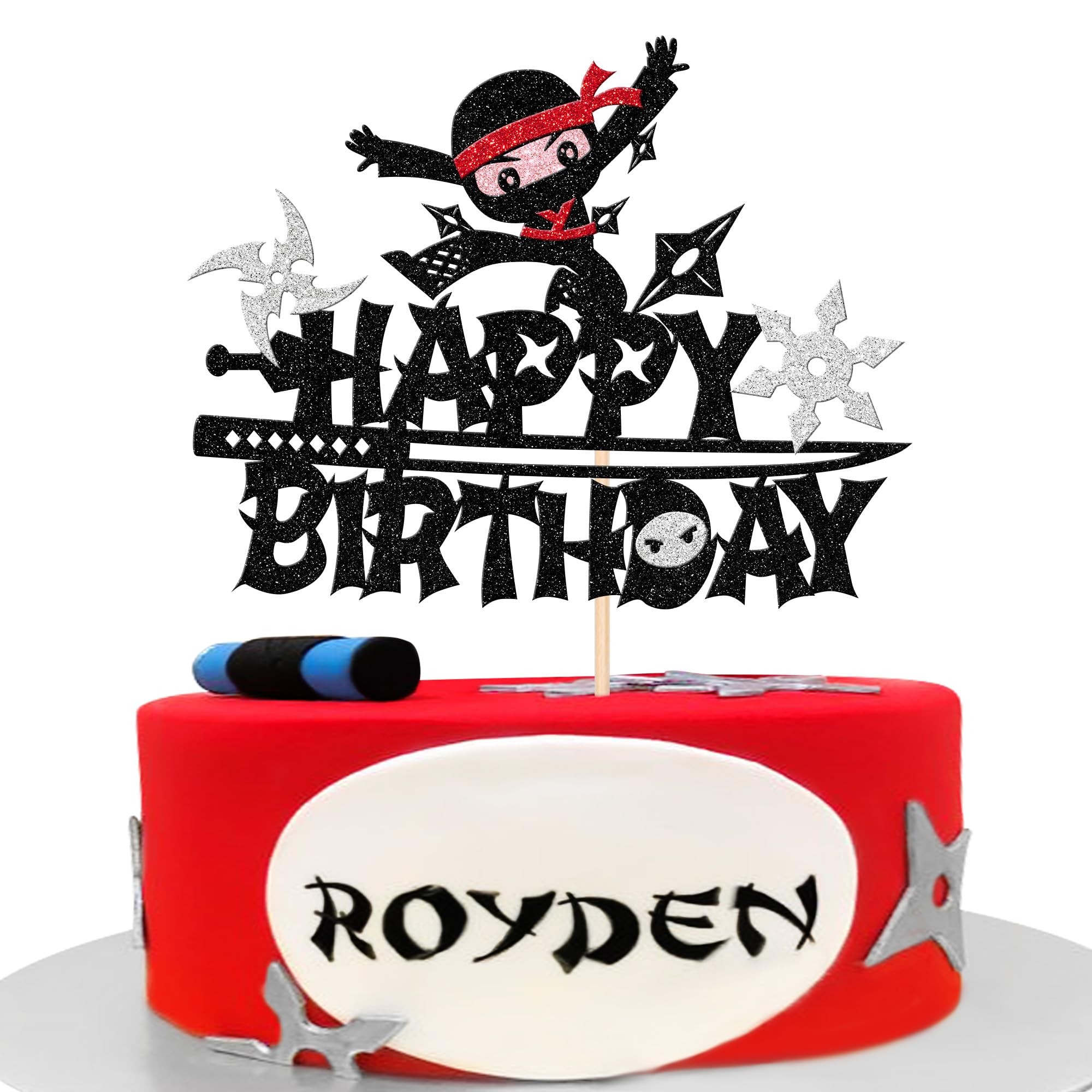 Ninja Happy Birthday Cake Topper - Black Glitter Martial Arts Karate Kung Fu Warriors Cake Pick for Theme Baby Shower Kids Birthday Party Decorations Supplies (1 PCS)