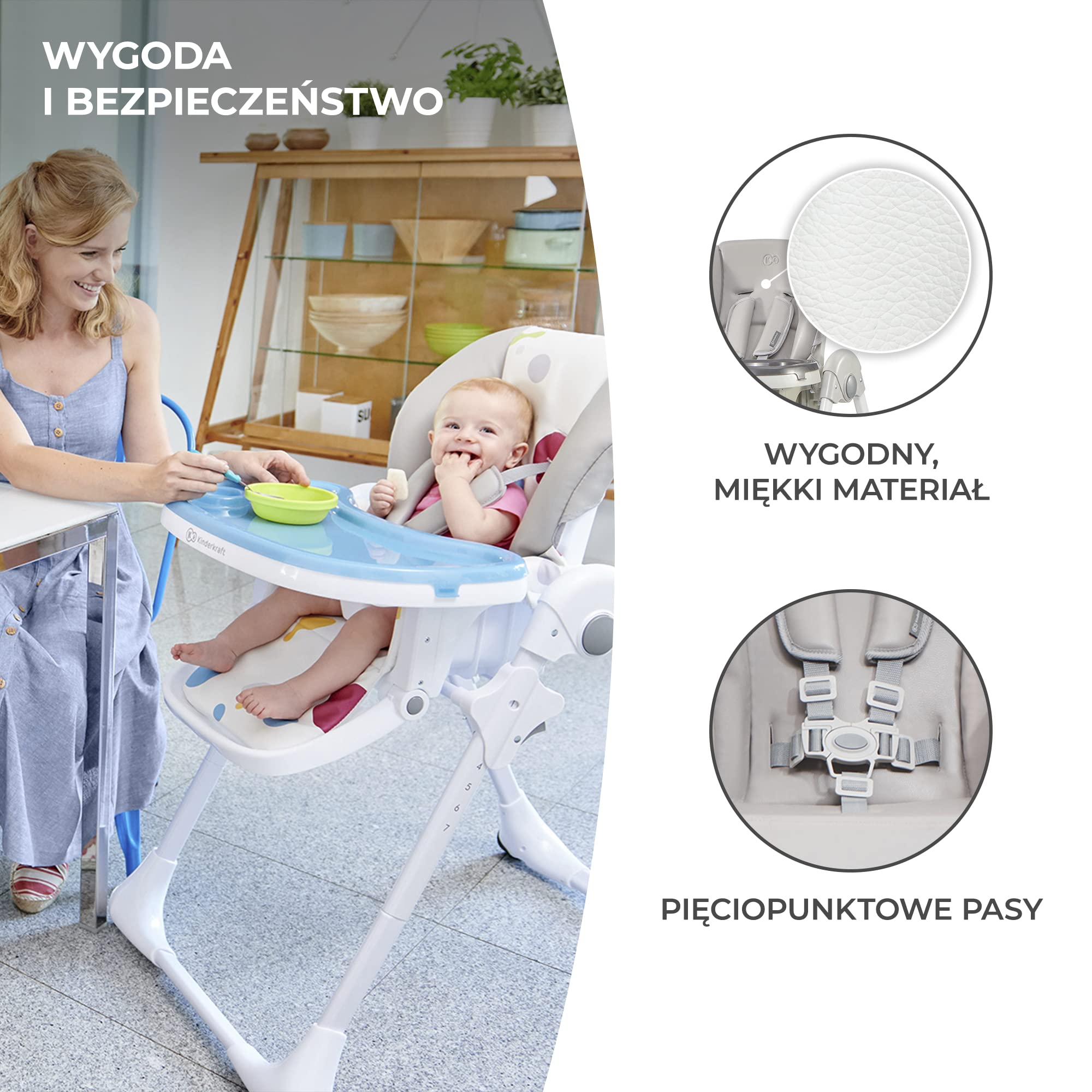 Kinderkraft Krzesełko do karmienia YUMMY, Krzesło, Zdejmowana tacka, Regulacja wysokości, Regulowane oparcie i podnóżek, Proste składanie, Łatwy w czyszczeniu, Kółka ułatwiające transport