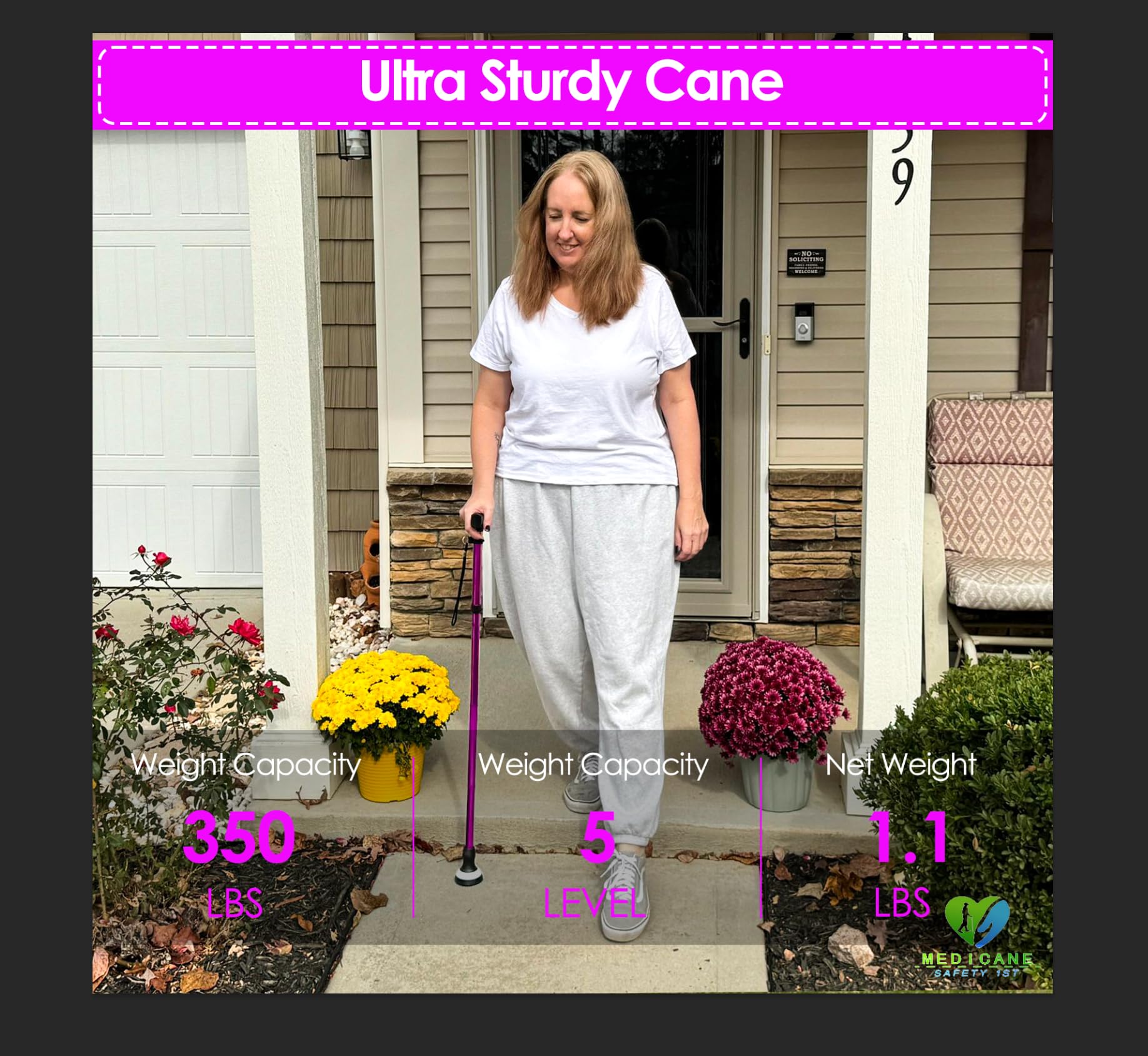 Medicane Walking Cane for Seniors Cool Canes for Women Men, Adjustable, Foldable, Collapsible Walking Canes with Storage Bag All Terrain Retractable Walking Stick for Seniors & Adults Purple