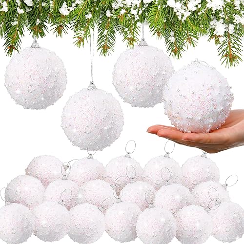 Vista 55 de Lyrow Juego de 24 adornos de bolas de Navidad con purpurina de 4 pulgadas, bolas de Navidad a granel, adornos colgantes de espuma de lentejuelas
