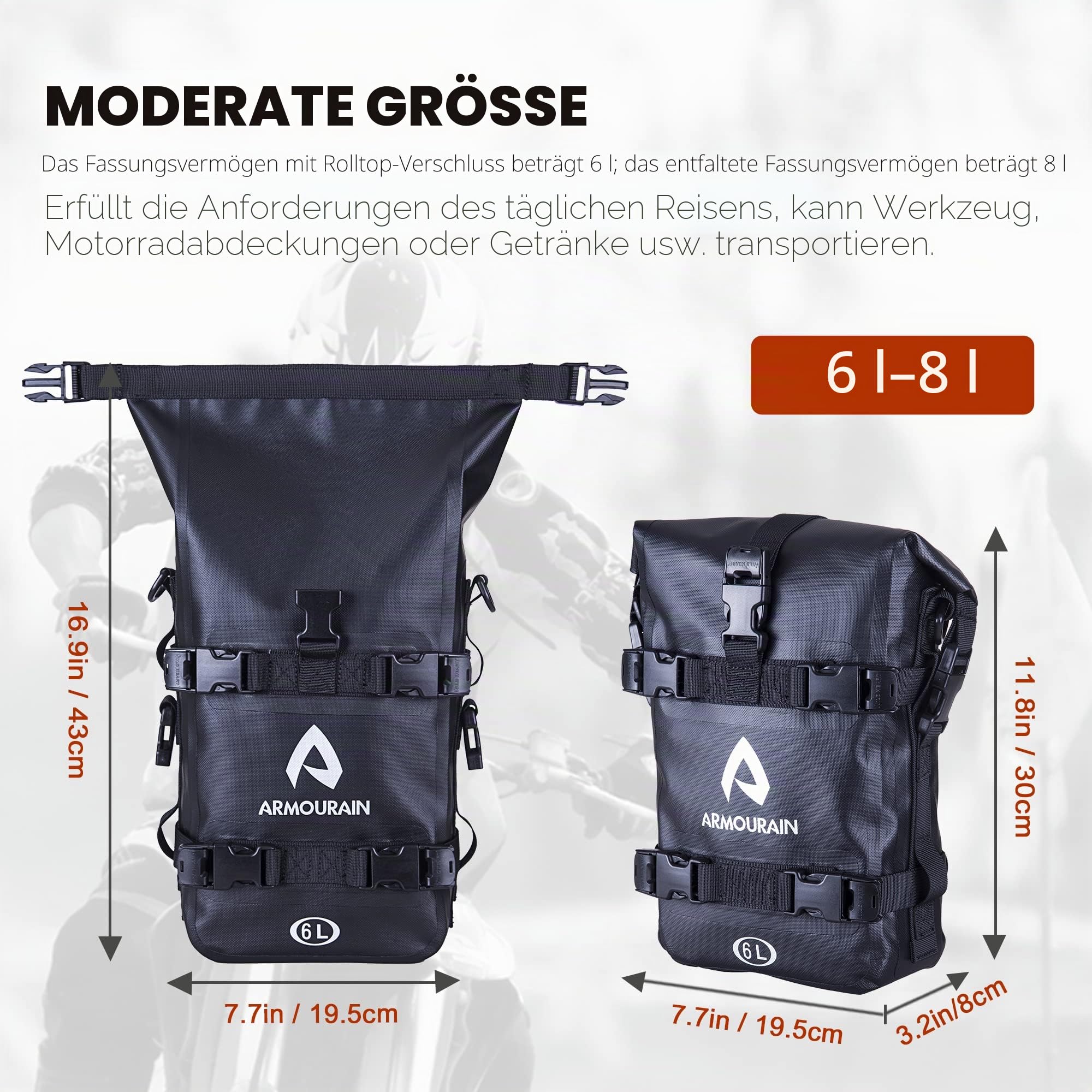 Sturzbügeltasche Motorrad, 12L(6x2) Motorrad Gepäcktasche Motorradgepäck Taschen für Sturzbügel Motorrads Gepäck Wasserdicht hat Schultergurt Wasserdicht Hecktasche für Moto ATV（TPU