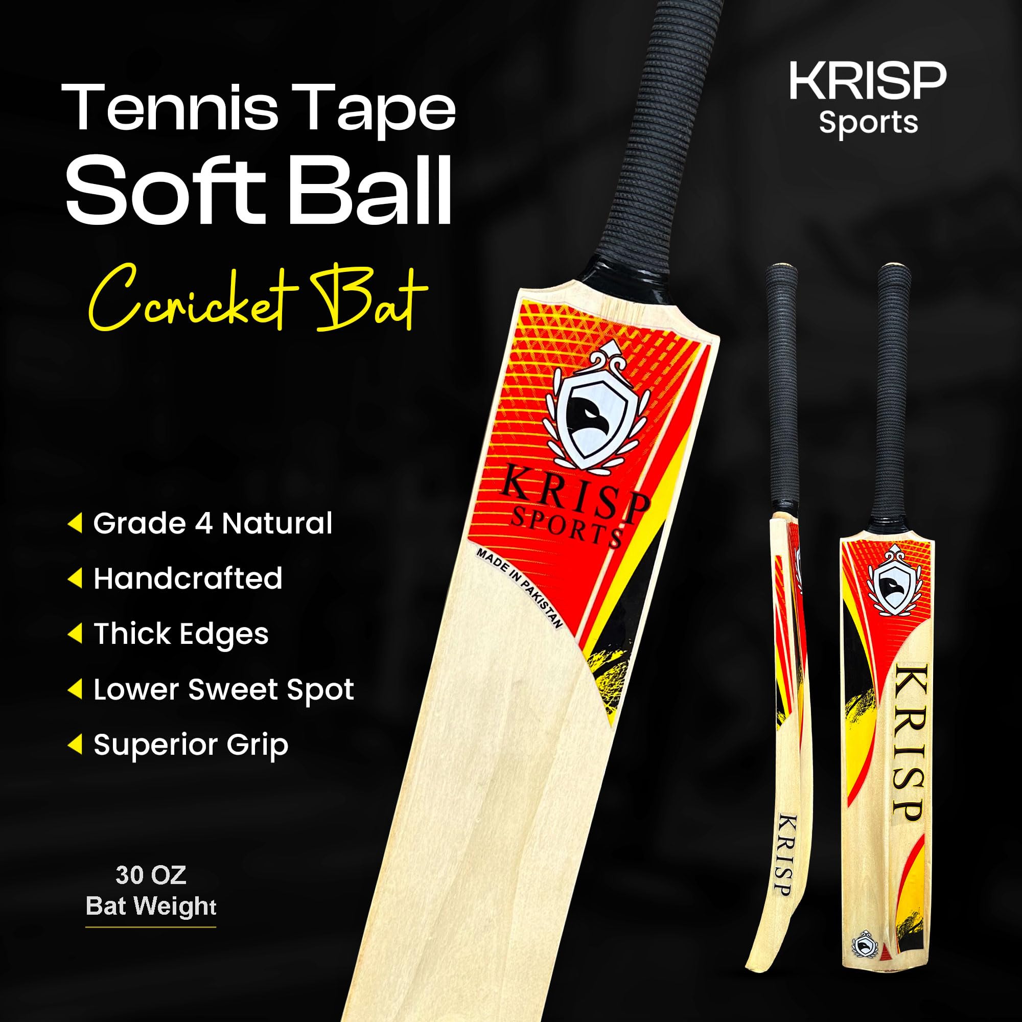 Cricket Bat Kashmir Willow Wooden Handmade Adult Full Size Cane Handle Cricket Bat for Soft Tennis Tape Ball Tournament Practice Indoor Outdoor Cricket Match by Krisp Sports