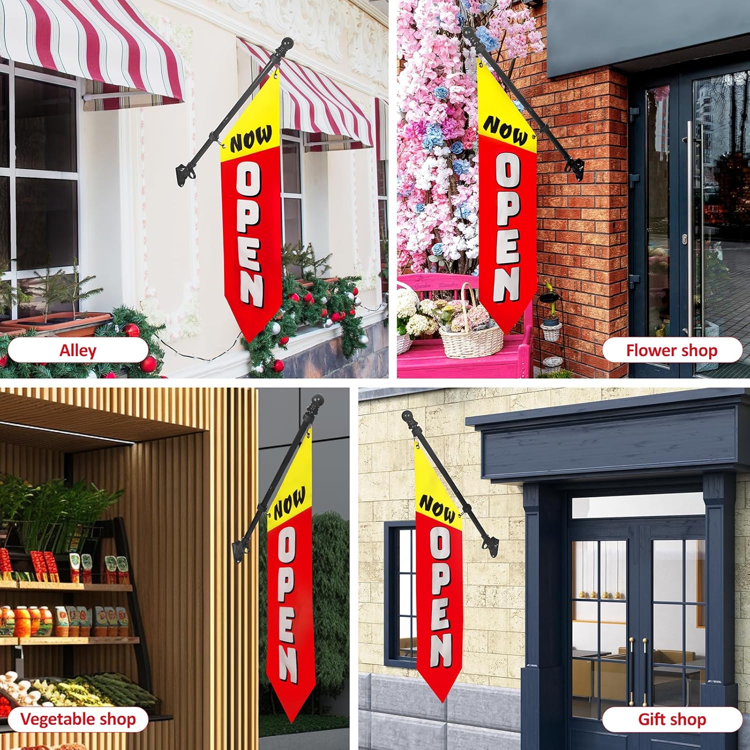 Now Open Flag with Pole Kit – 42x12 Heavy-Duty Double-Sided Canvas Banner for Outdoor Business Storefront – Grand Opening Sign with Metal Bracket for Advertising & Retail Decor-white font