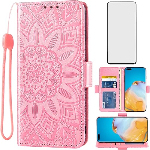 Asuwish Funda de teléfono para Huawei P40 Pro con protector de pantalla de vidrio templado y billetera de cuero con diseño de flores, funda con