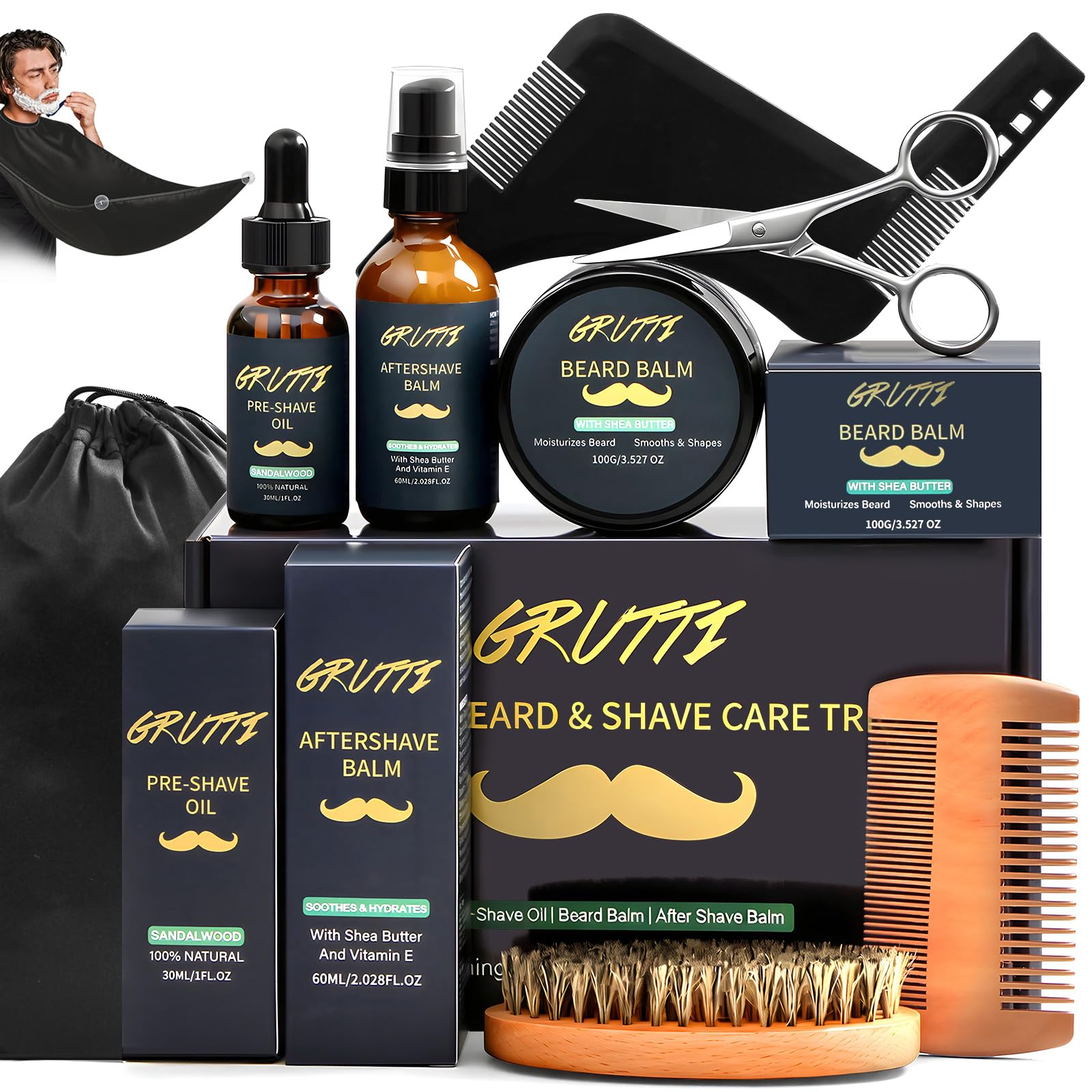 Kit de cuidado de barba para hombre con Aceite previo al afeitado, bálsamo de barba, crema después del afeitado, cepillo de barba, peine, tijeras, peine estilizador, bufanda y bolsa de almacenamiento