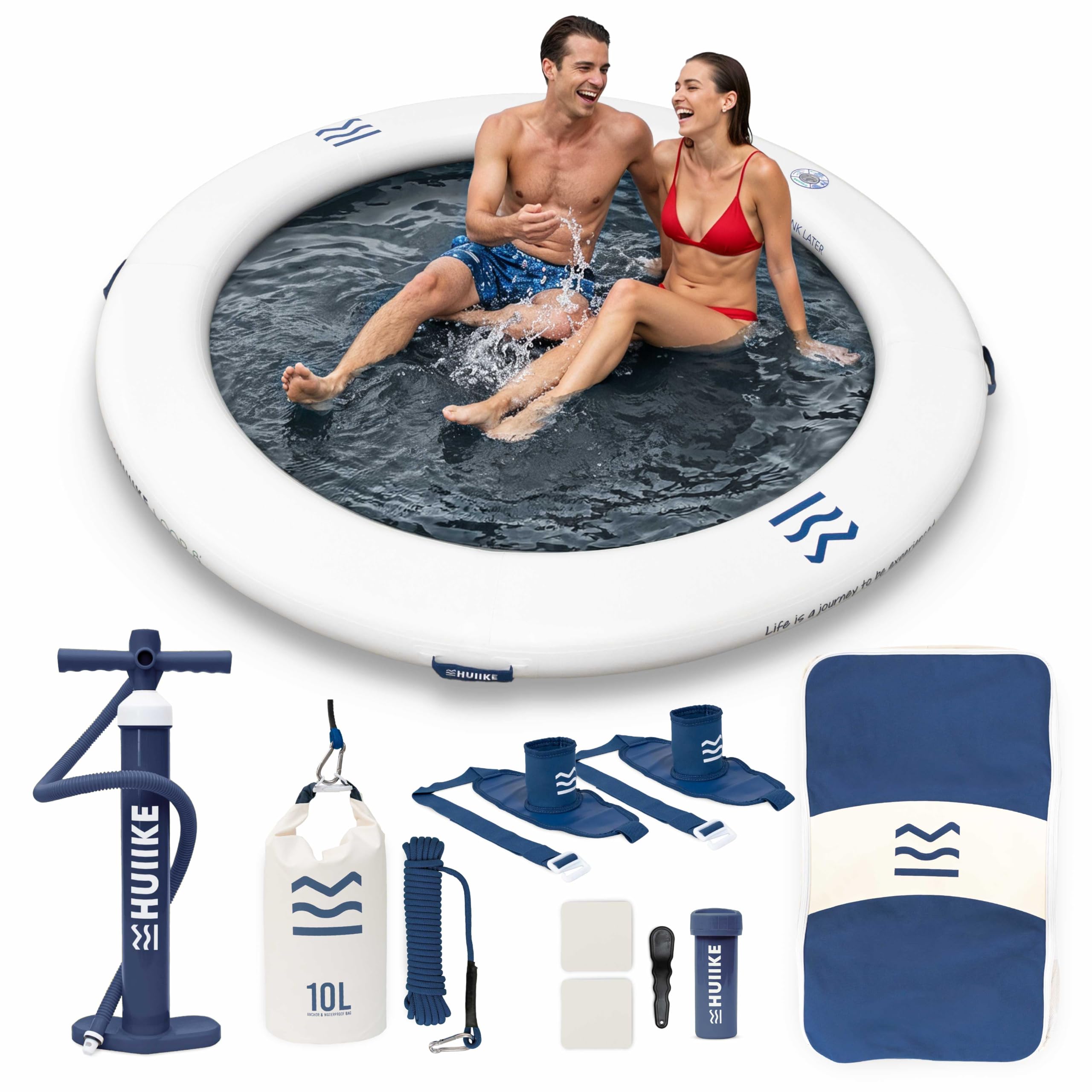 HUIIKE Anillo Hinchable 4 o 6 Personas, 280 o 500 kg, con Accesorios | Loop de 2,44 m o 3,05 m para Adultos y Niños. Plataforma Flotante con Inflador, Ancla de Arena, 2 Soportes Bebida y Mochila