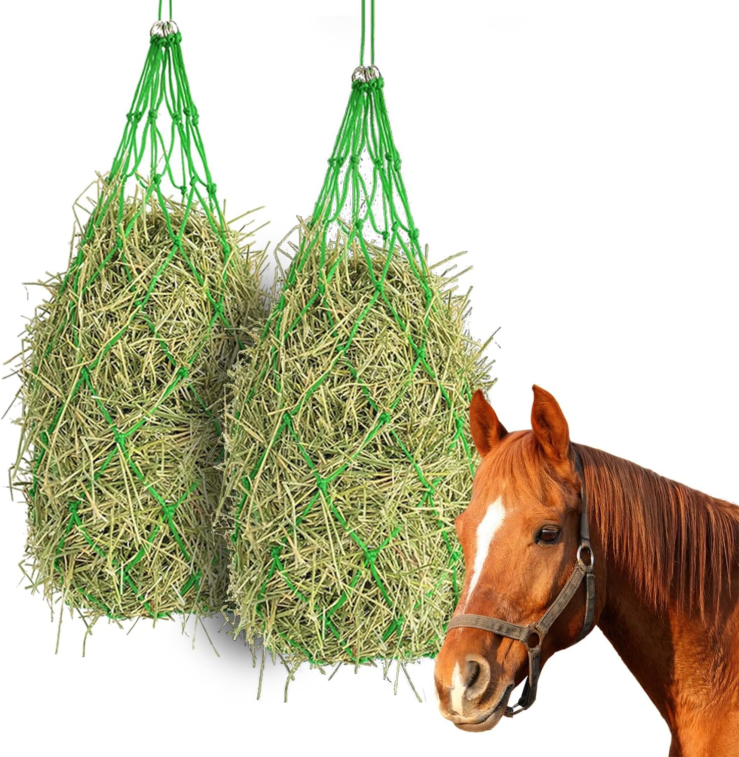 Slow Feed Hay Net for Horses 2 pcs 40″ Long and 4.0″x 4.0″ Holed Hay Net for Horses Holes | Horse & Goat Feed Bag with Metal Hook and Easy Closure