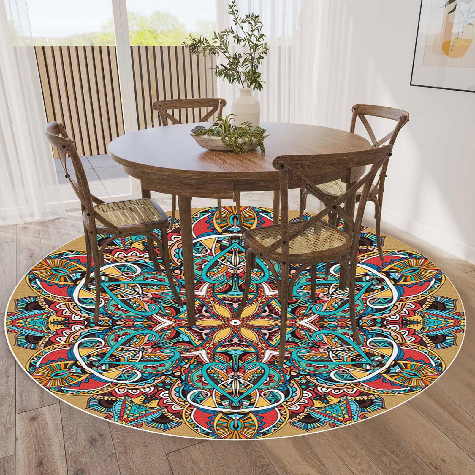 Tapis de salle à manger rond Ø 206 cm bohème pour isoler et décorer le salon