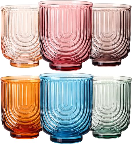Juego de vasos vintage de colores para beber de 6 a 14 onzas, vasos de cristal de colores Art Deco Ripple Highball, vasos de cóctel de whisky,