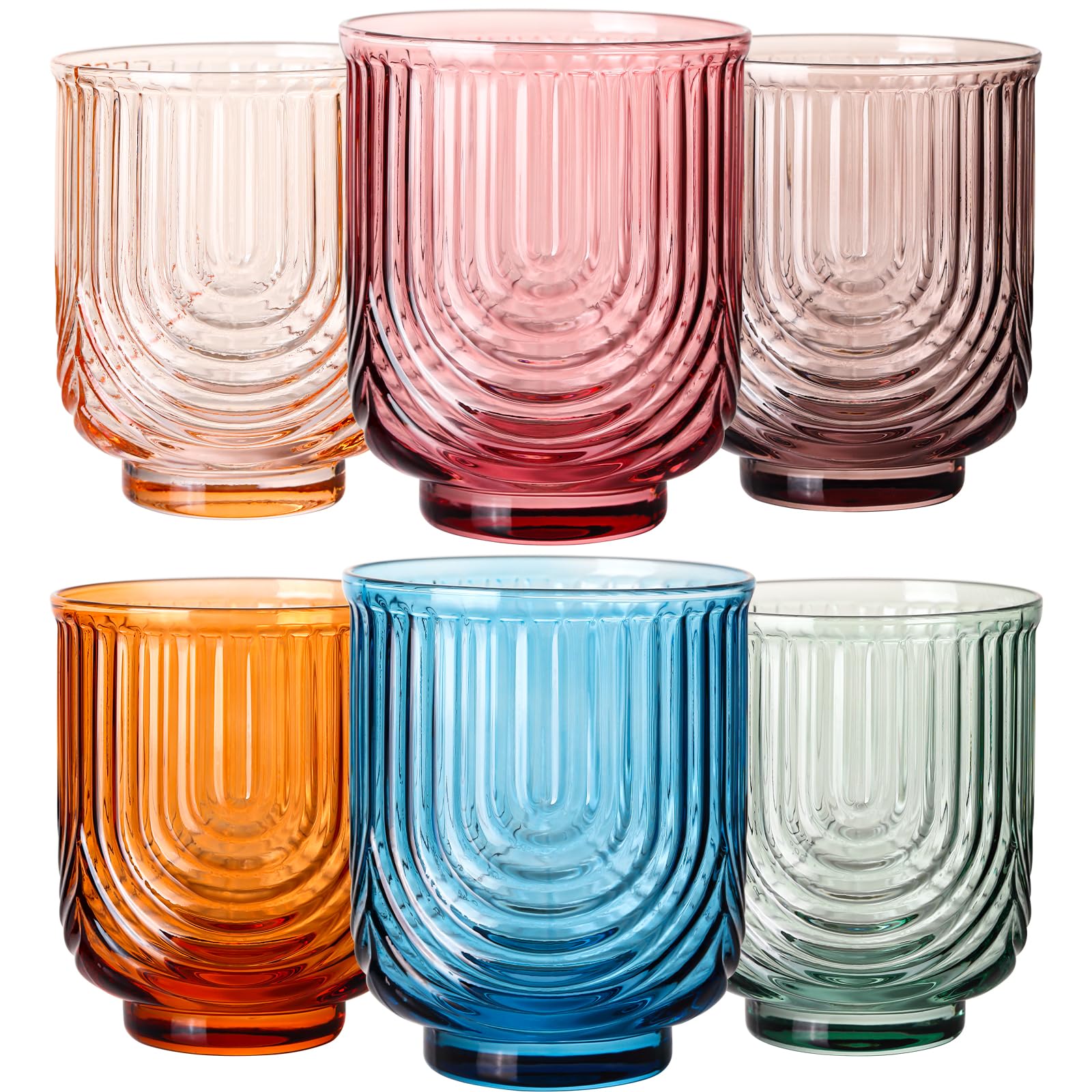 JOVGANK Colored Vintage Glassware Set of 6-14Oz Colorful Water Drinking Glass, Art Deco Ripple Highball Glass, Whiskey Cocktail Glasses, for Bar Beverages Ice Coffee Juice, Housewarming Gifts