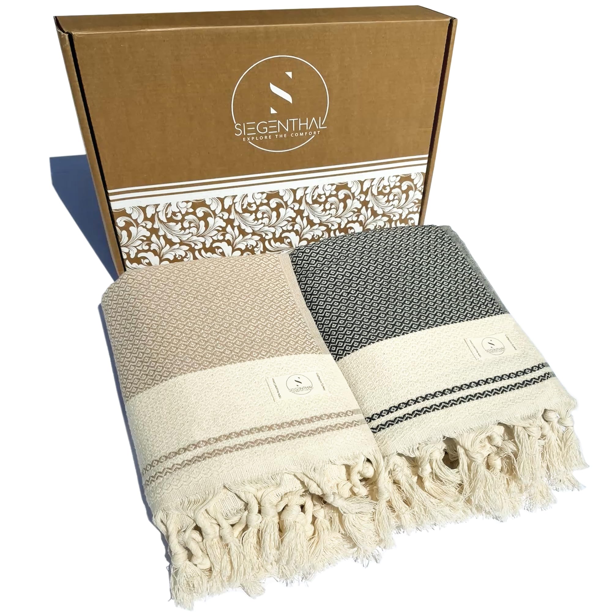 Hamamtuch 2er Pack – Leichtes Strandtuch & Saunatuch aus recycelter Baumwolle – Schnell Trocknend, Groß & Weich – 90cm x 200cm – Ideal für Strand, Sauna, Yoga, Picknick – Beige & Schwarz