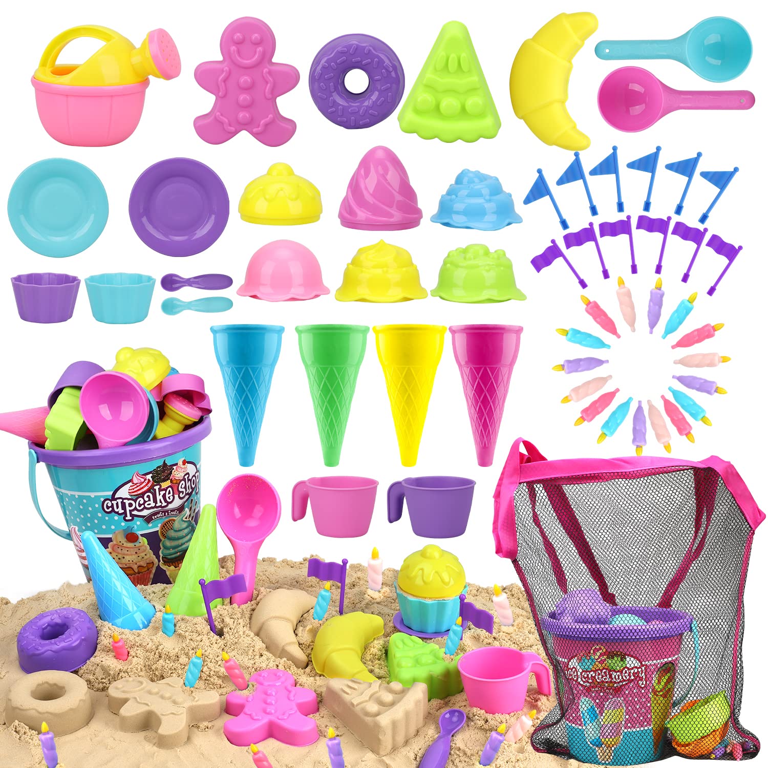 TOY Life Beach Toys for Kids 3-10, Ice Cream Sand Toys for Kids Toddlers Sandbox Toys with Beach Bucket, Sand Shovels, Sand Cupcake Dessert Ice Cream Molds, Mesh Bag, Travel Beach Sand Toys for Girls