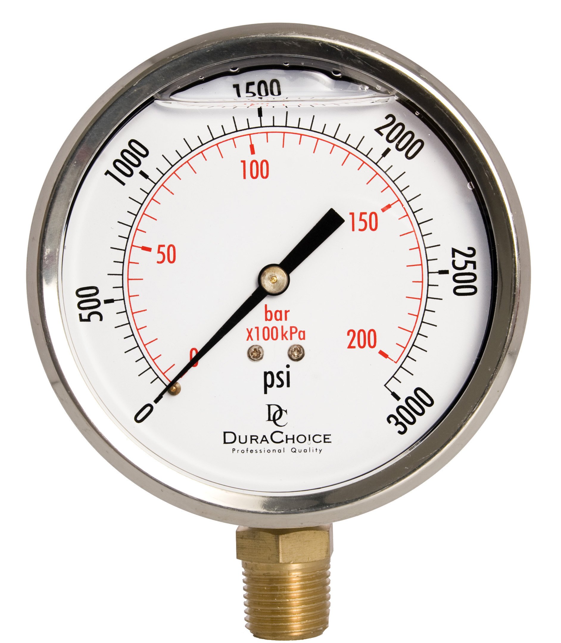 4" Oil Filled Pressure Gauge - Stainless Steel Case, Brass, 1/2" NPT, Lower Mount Connection, 0-3,000PSI