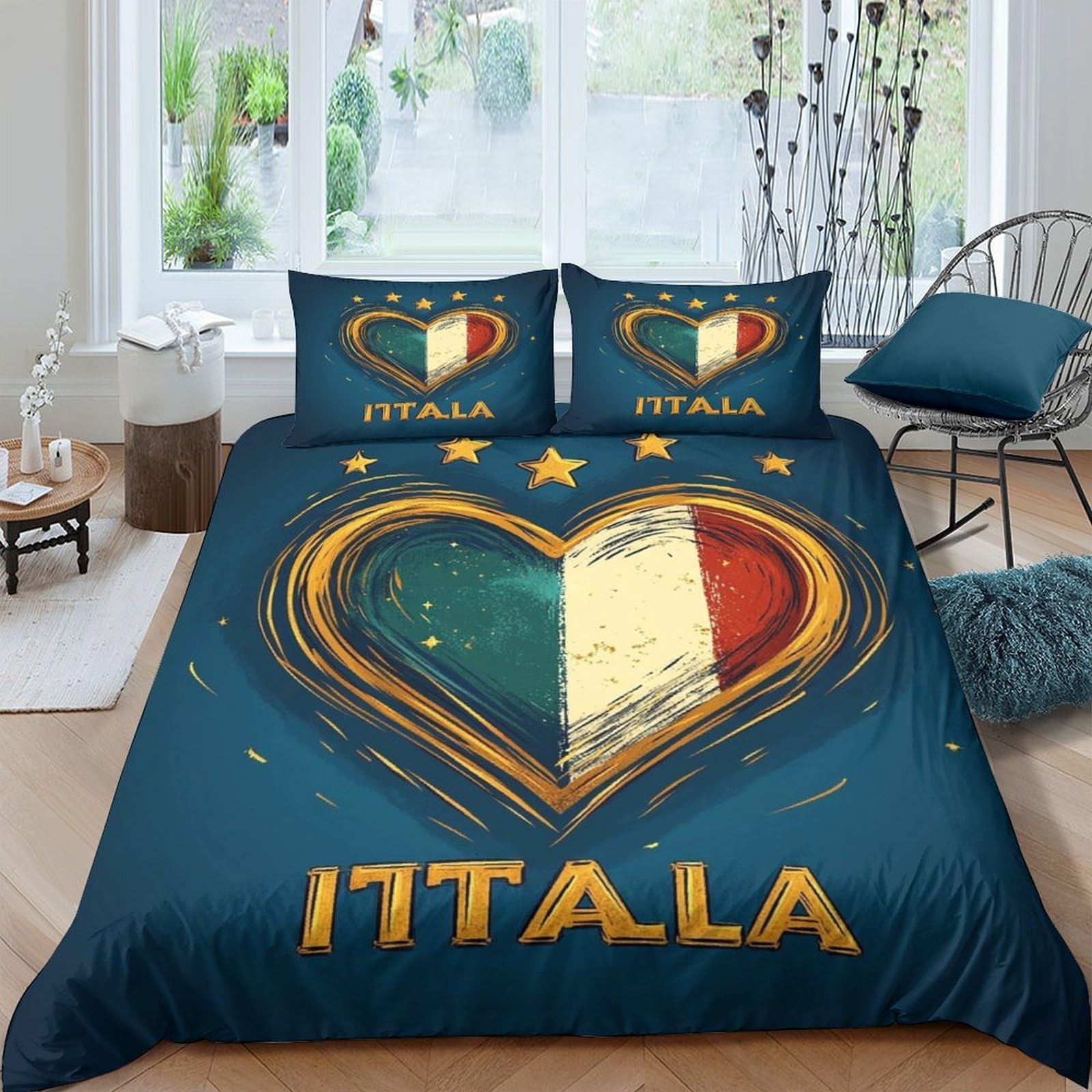 GPLZQXKJNH 3D Printed Italian Flag Heart Duvet Cover Microfiber Soft Breathable Italia Bedding Set with 2 Pillowcases for Bedroom Single（135x200cm）