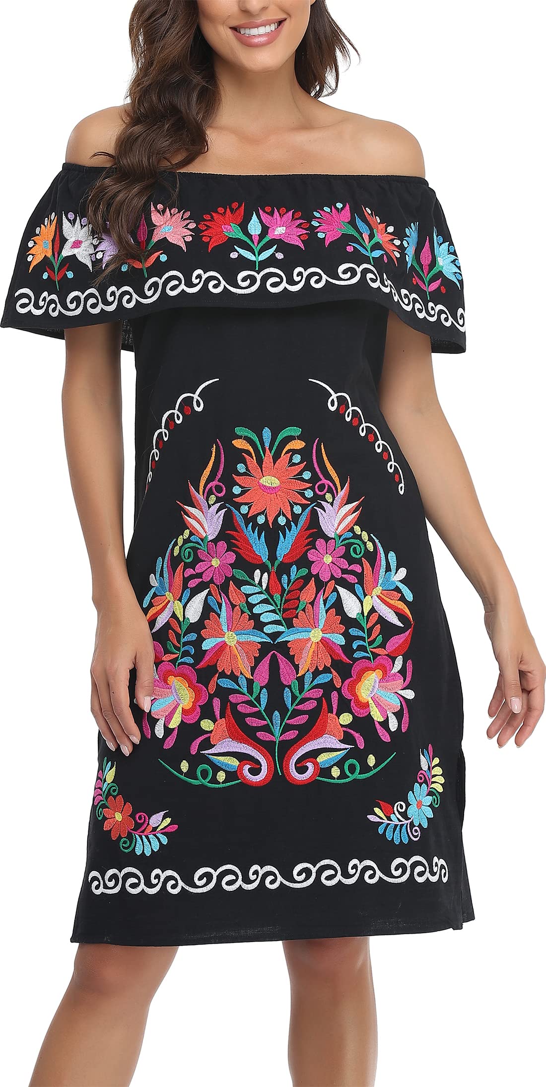YZXDORWJ Women Mexican Embroidered Dress Ruffle Collar Sleeveless (XL, 623BKW)
