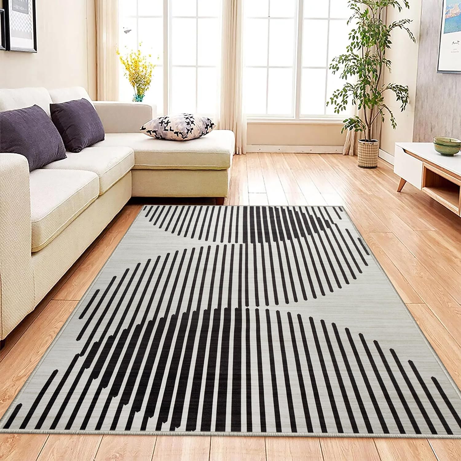 Aspire Homeware Rugs living room Bedside Rug 80 x 150 cm – Non-Shedding Short Pile Floor Carpets for bedroom Lounge – Super Soft Geometric Boho Style Printed Black and White Rugs (Jett)