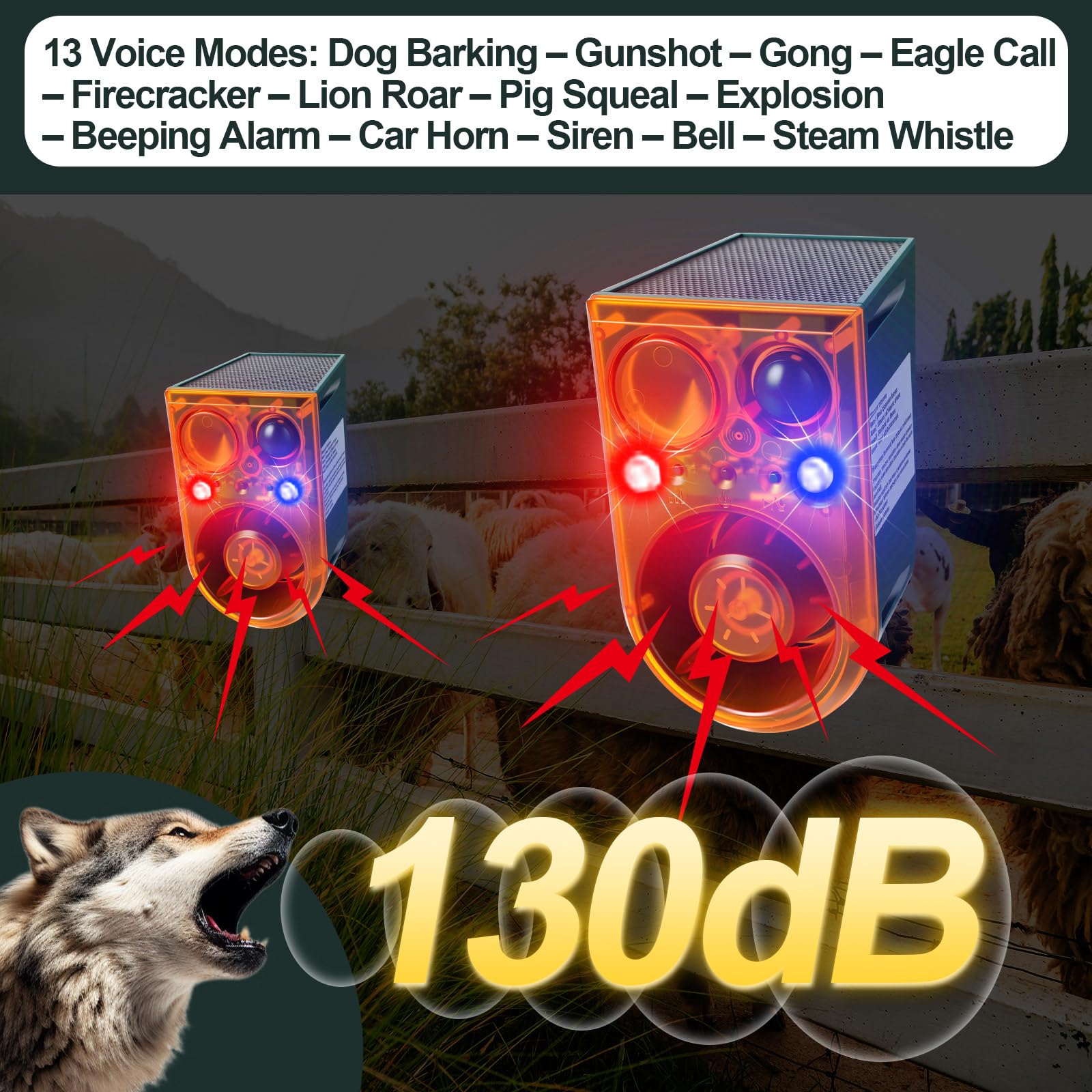 Qualirey Paquete de 2 alarmas solares con sensor de movimiento para exteriores, alarma ultrasónica disuasoria de animales, 13 sonidos, 130 dB, fabricante de ruido fuerte con control remoto USB, 4