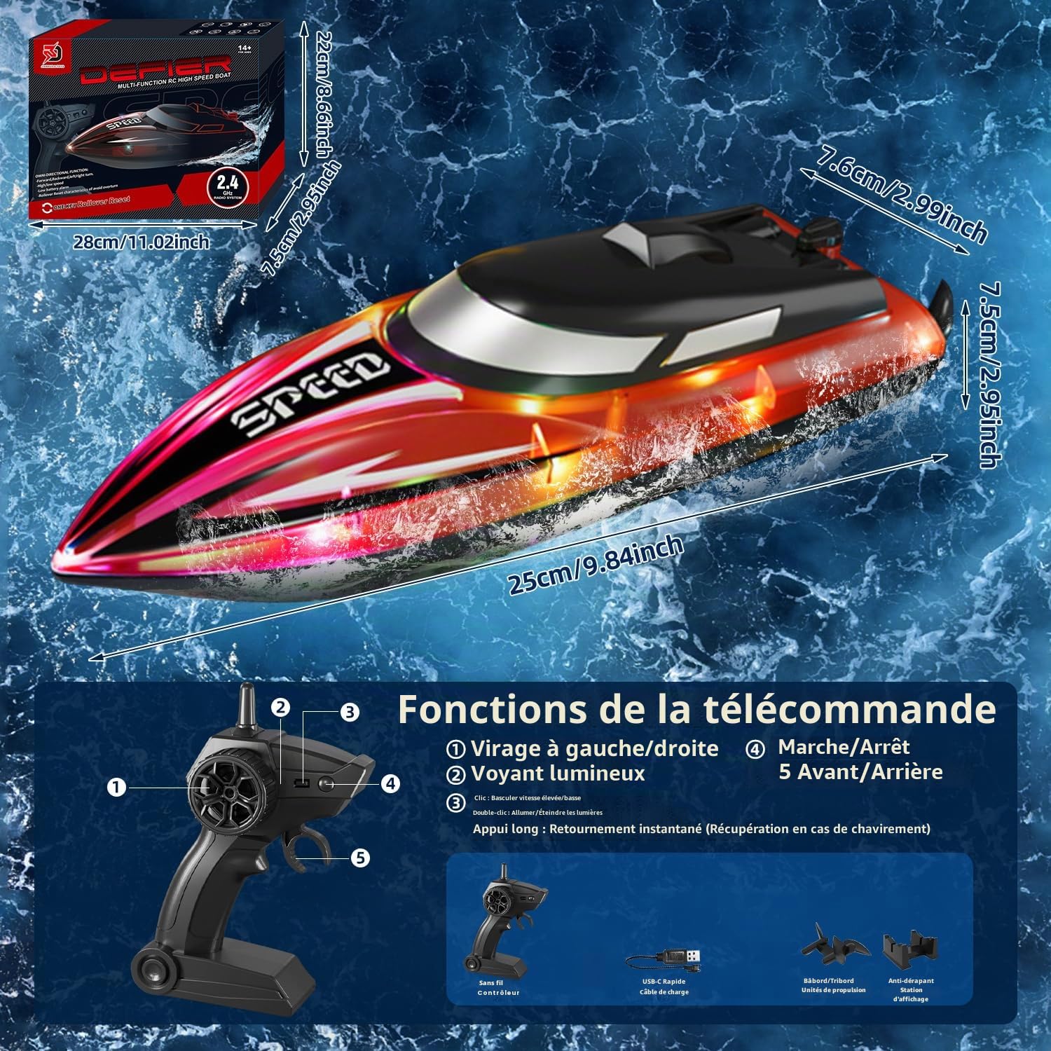 RoserRose Bateau télécommandé, bateau radiocommandé, avec éclairage LED, télécommande 2,4 G, double moteur, étanche et protection anti-basculement, bateau à moteur télécommandé pour enfants, avec 2