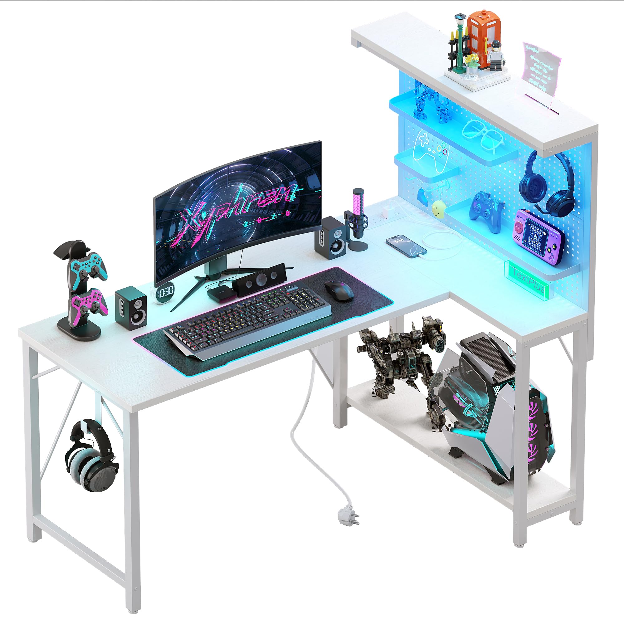 120 * 80cm L-förmiger Table Gaming avec Panneau Perforé et Étagères, Bureau d'angle avec Prise, Réversible Bureau avec 3 Détachables Étagères pour Domicile et Chambre, Blanc