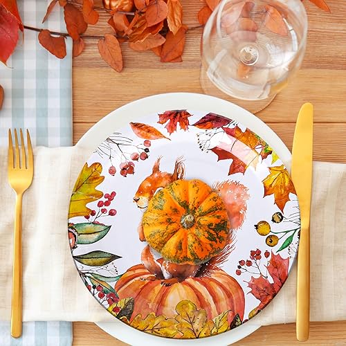 Miniatura 6 de Whaline 40 platos de papel de otoño de Acción de Gracias, platos desechables de 9 pulgadas, platos desechables de calabaza naranja, ardilla, cosecha