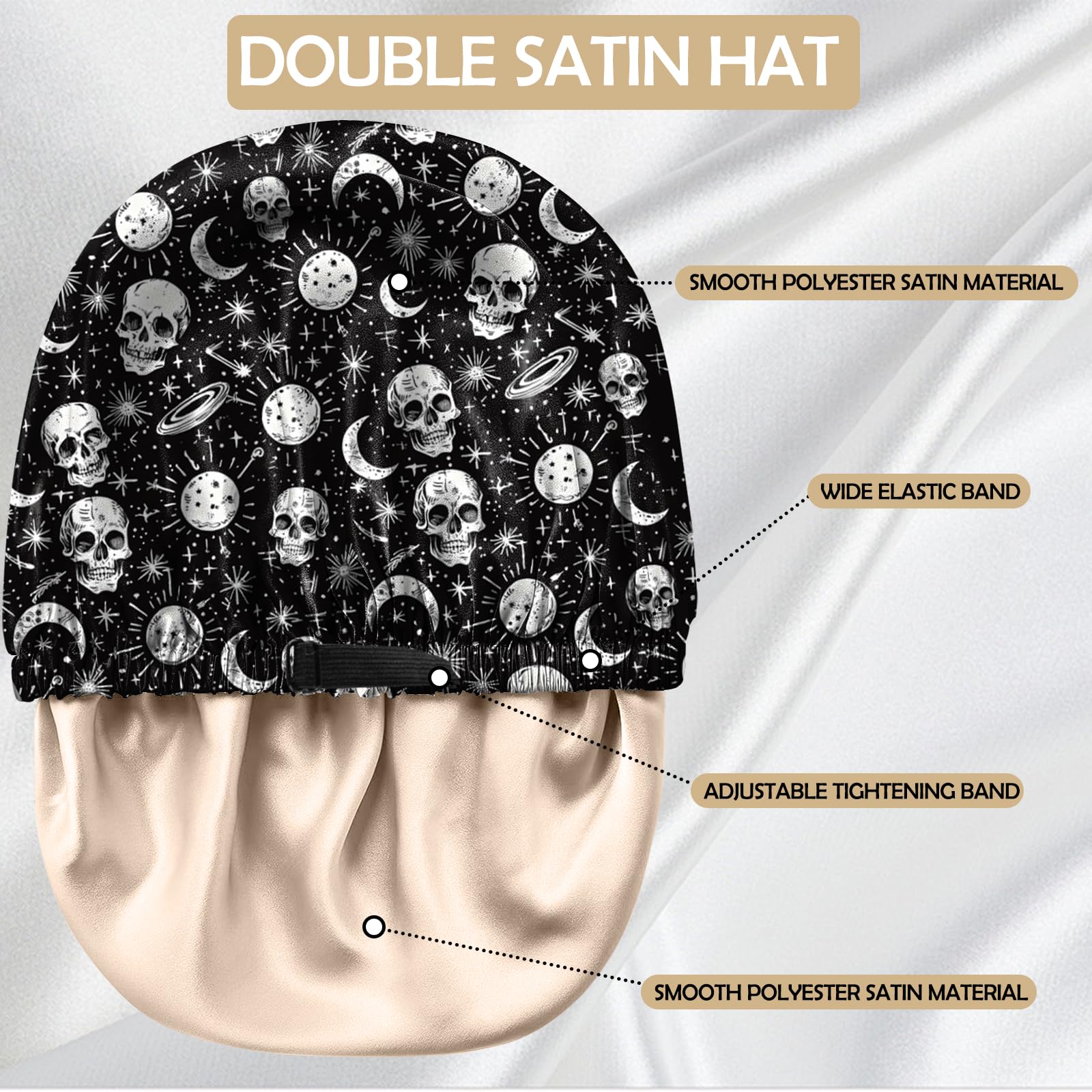 BHAHB Satin Bonnet Silk Bonnet for Sleeping Double Layer Elastic Adjustable Hair Caps Reusable Cute Aesthetic for Women Girls (O22-Skull) - Image 4