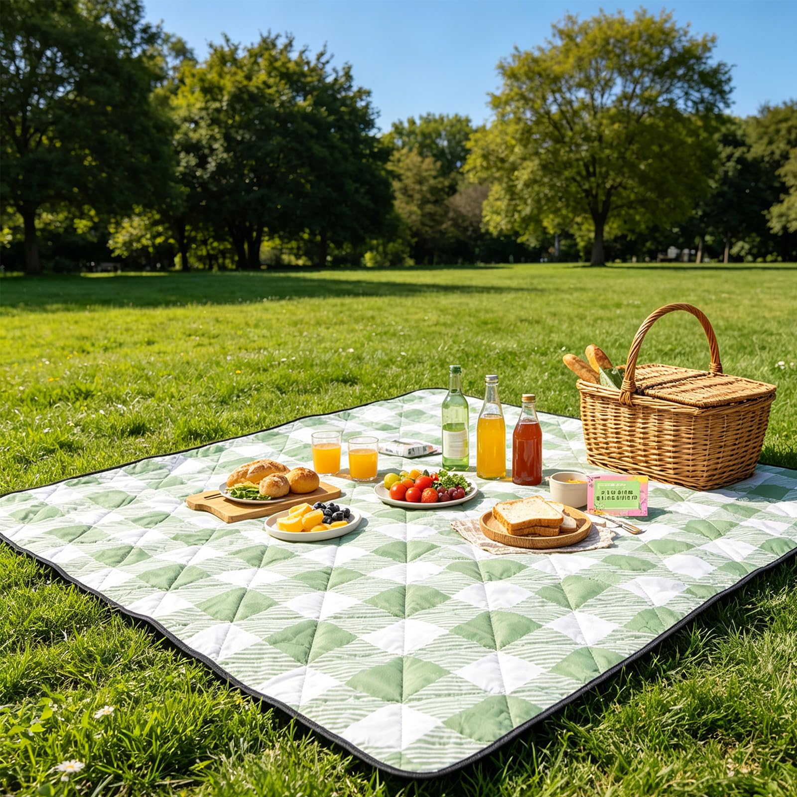 Tappetino da picnic portatile con tracolla, coperta pieghevole verde a quadretti 200 x 300 cm per copertura del terreno da campeggio, posti a sedere nel parco e gite un giorno all ' aperto Coperta