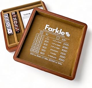 Farkle Dice Tray and Storage Case - Includes Embedded Scoring Combinations, 2 Sets of 6 Pearl Dice, 40 Sheet Score Pad and Pen Holder for The Classic Family Game (Brown)