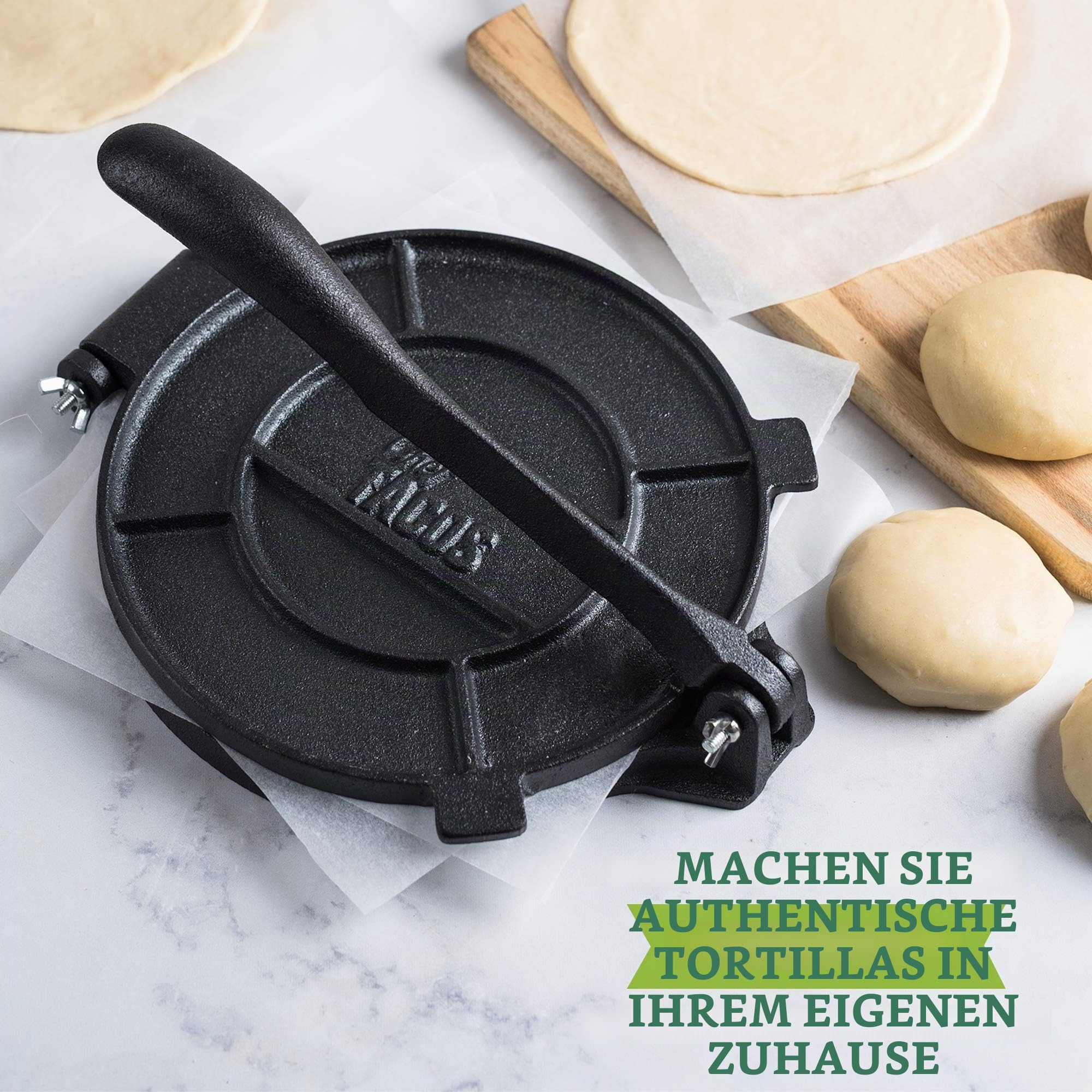 Tortilla Presse 20cm Gusseisen - Taco Presse Roti Maker für Selbstgemachte Tortillas, Fladenbrot & Wraps