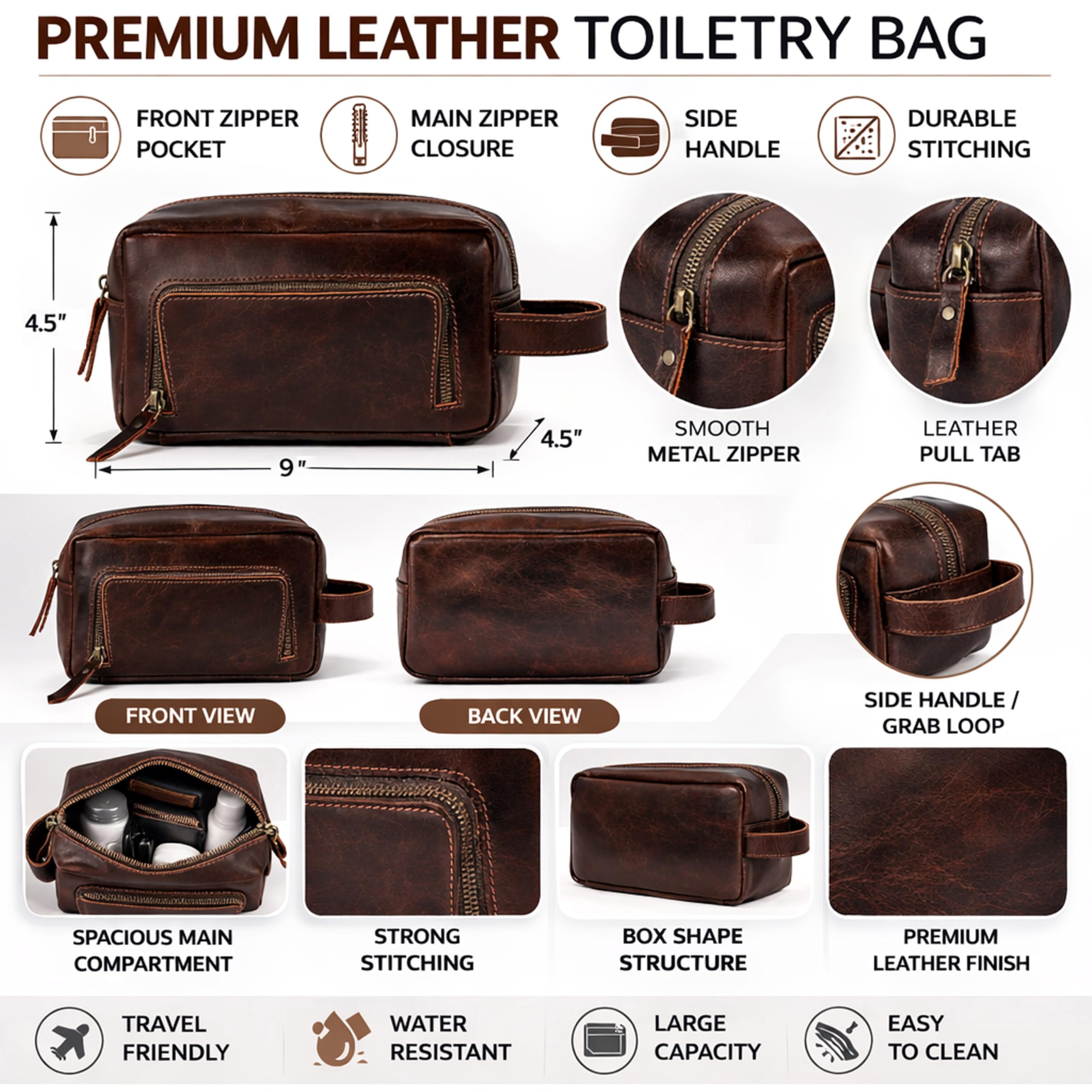 Aaron Leather Toiletry Bag for Men, Travel Dopp Kit