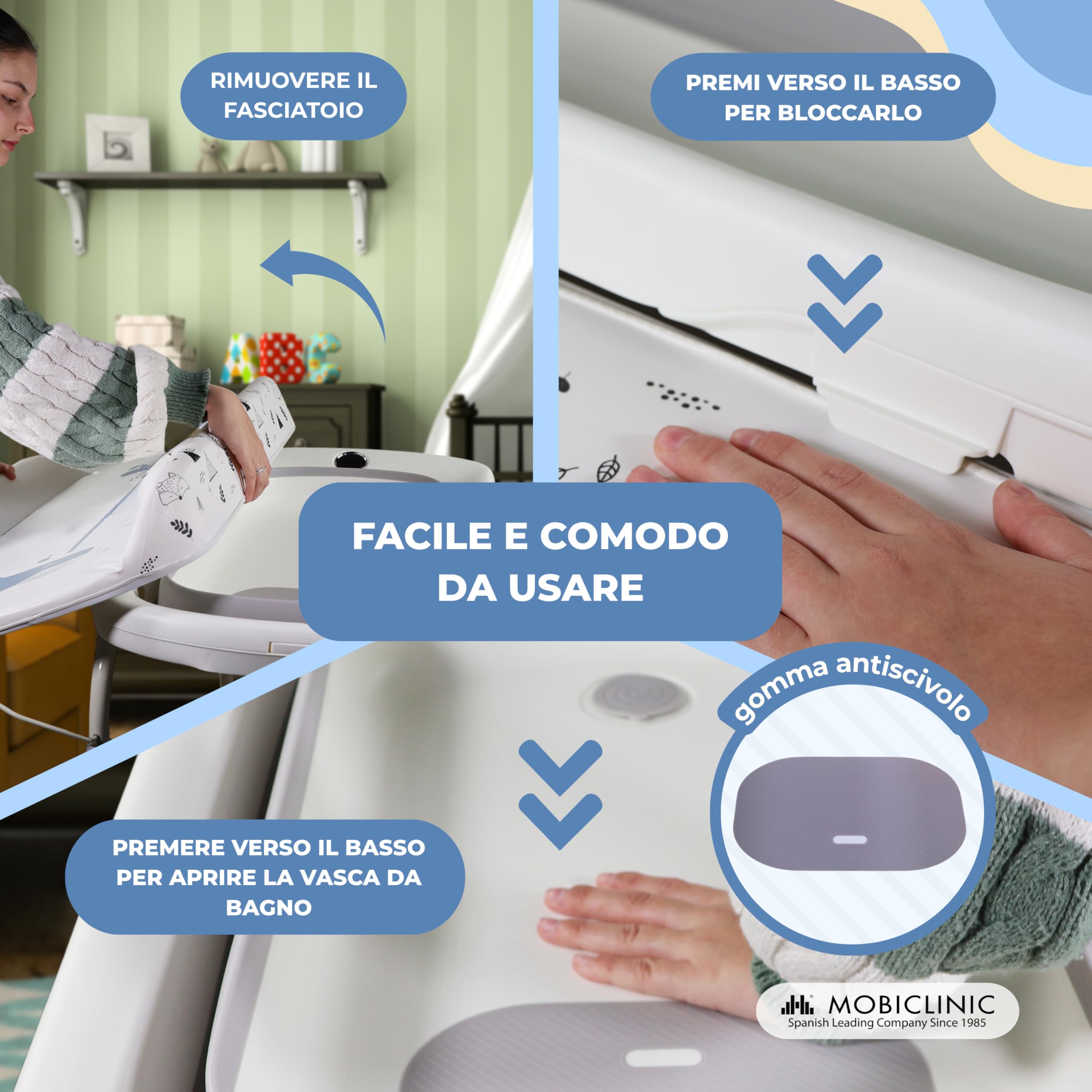 Mobiclinic Fasciatoio con vaschetta bagnetto 2 in 1, Regolabile 4 altezze, Fino a 50 kg, 0-36 mesi