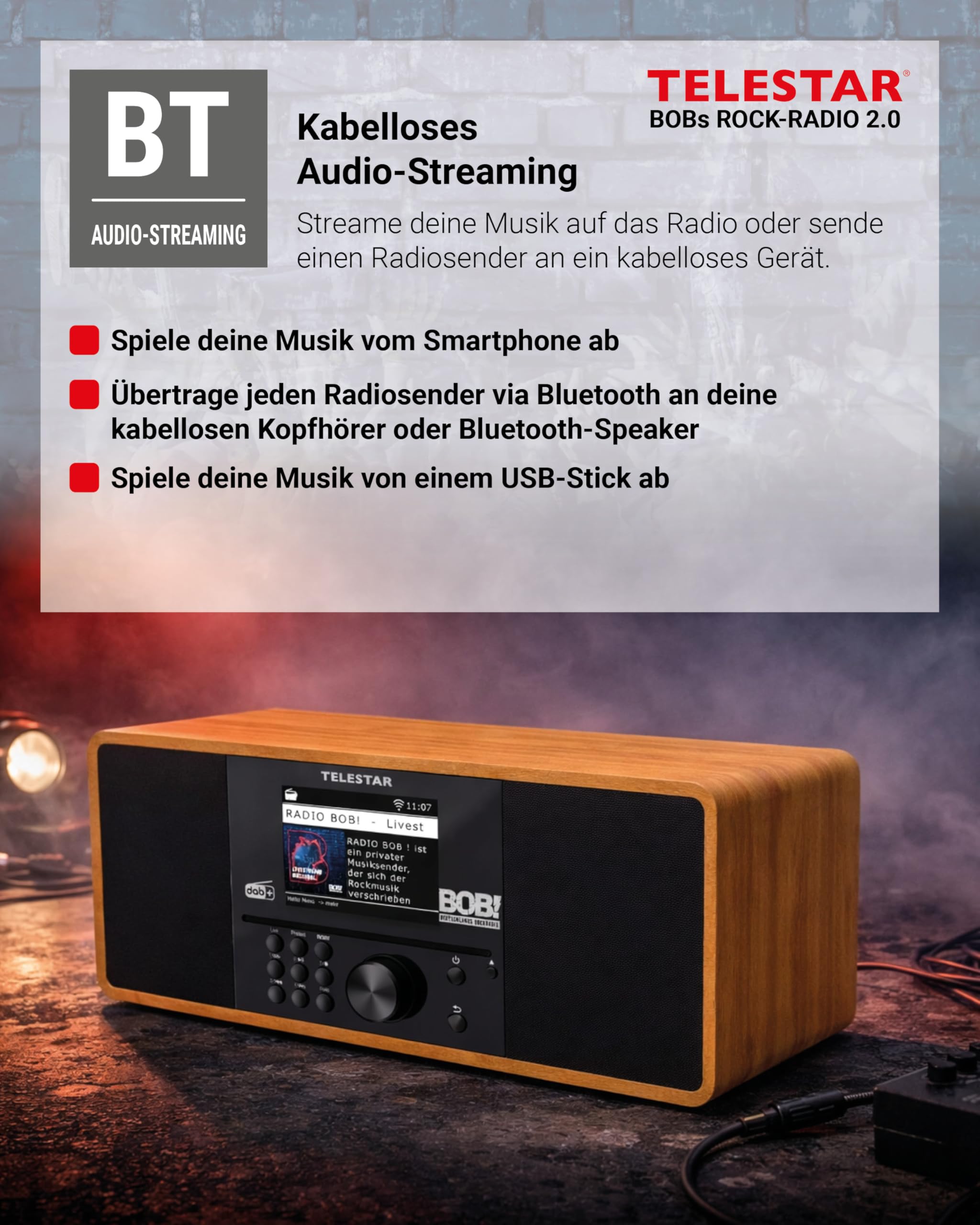 TELESTAR BOBs Rock Radio 2.0 – DAB+/Internetradio mit CD-Player – Holz | RADIO BOB! Sender vorinstalliert, Stereo, 2 × 15 W, Streamingdienste, Bluetooth Audio-Streaming & Sendefunktion, USB