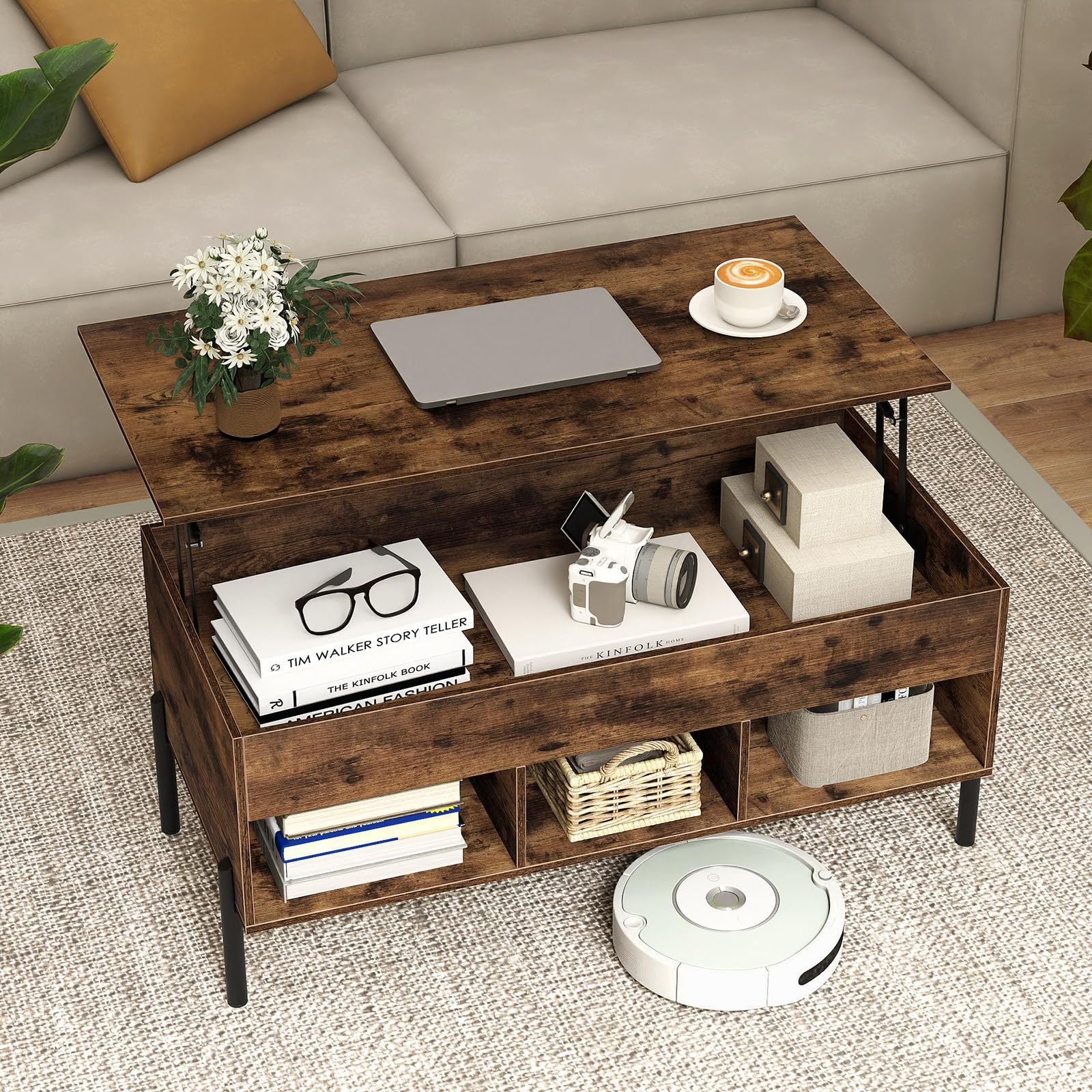 SOARS Couchtisch mit Hubplatte, höhenverstellbarer Beistelltisch mit Stauraum, Wohnzimmertisch mit offenen Ablage & verstecktem Fach, Kaffeetisch für Wohnzimmer & Büro, 100 x 50 x 59 cm (Kaffee)